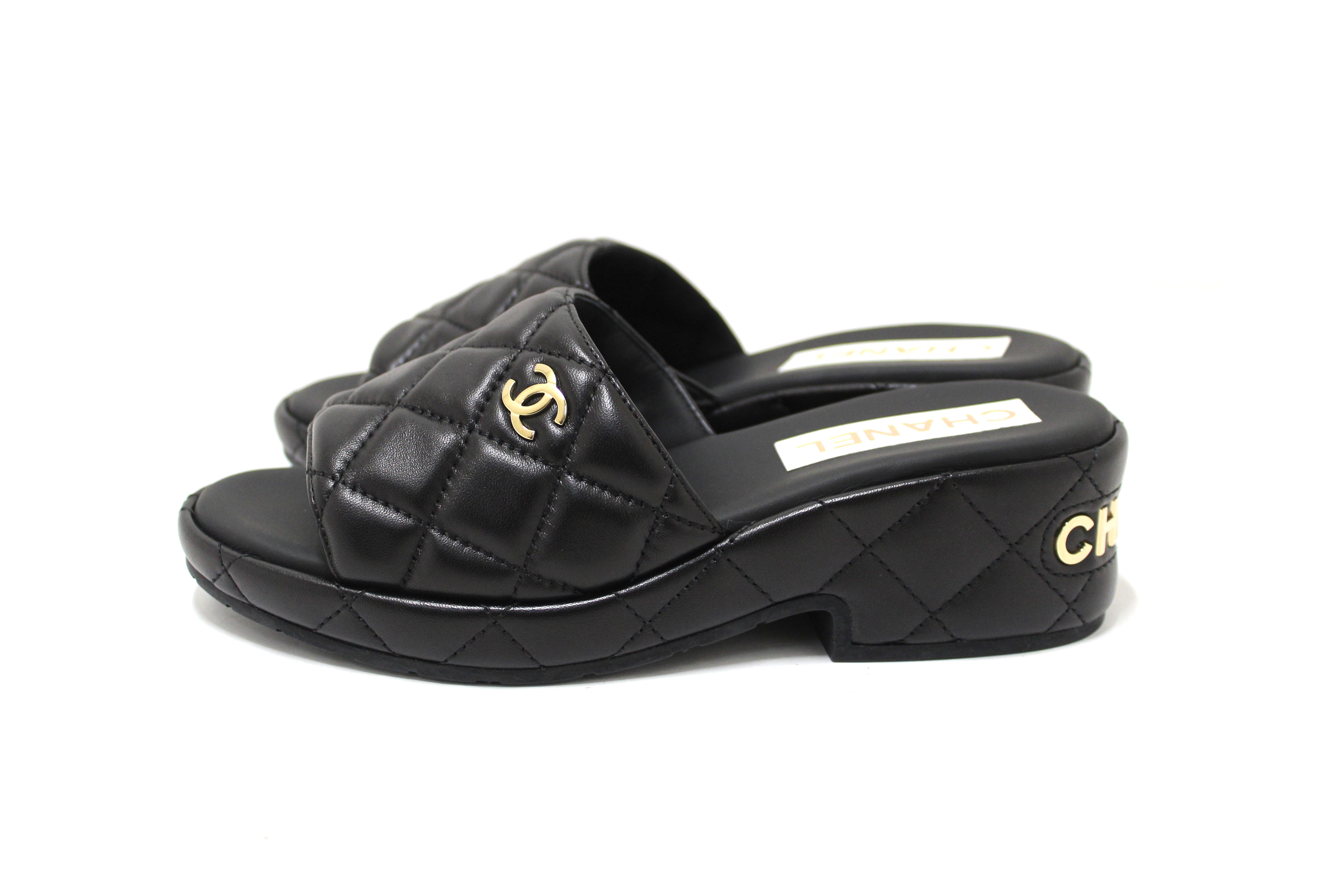 Authentic Chanel Black Quilted Lambskin Leather Platform Slide Size 36