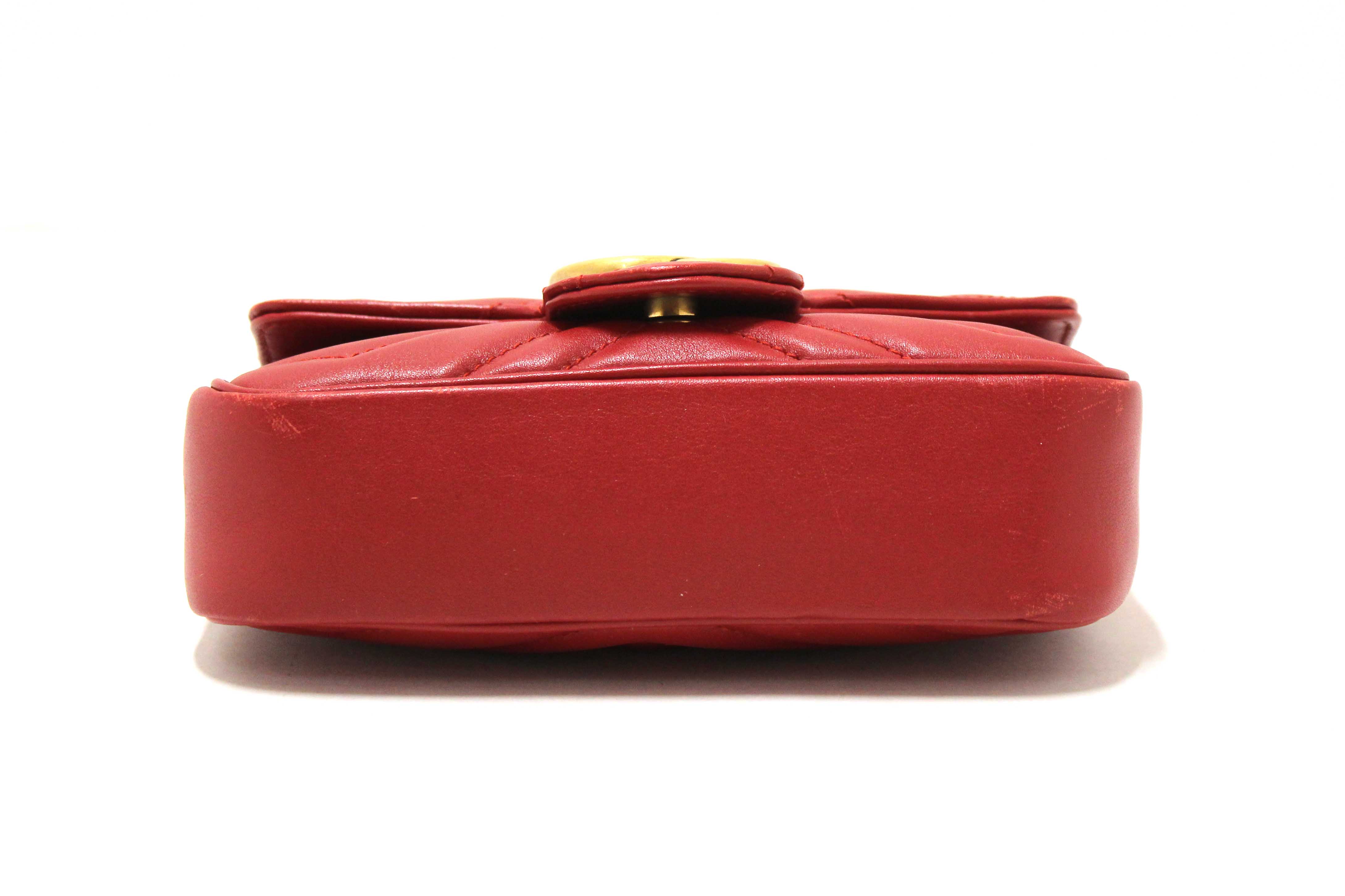 Authentic Gucci Red Marmont Matelasse Super Mini Chain Bag 476433