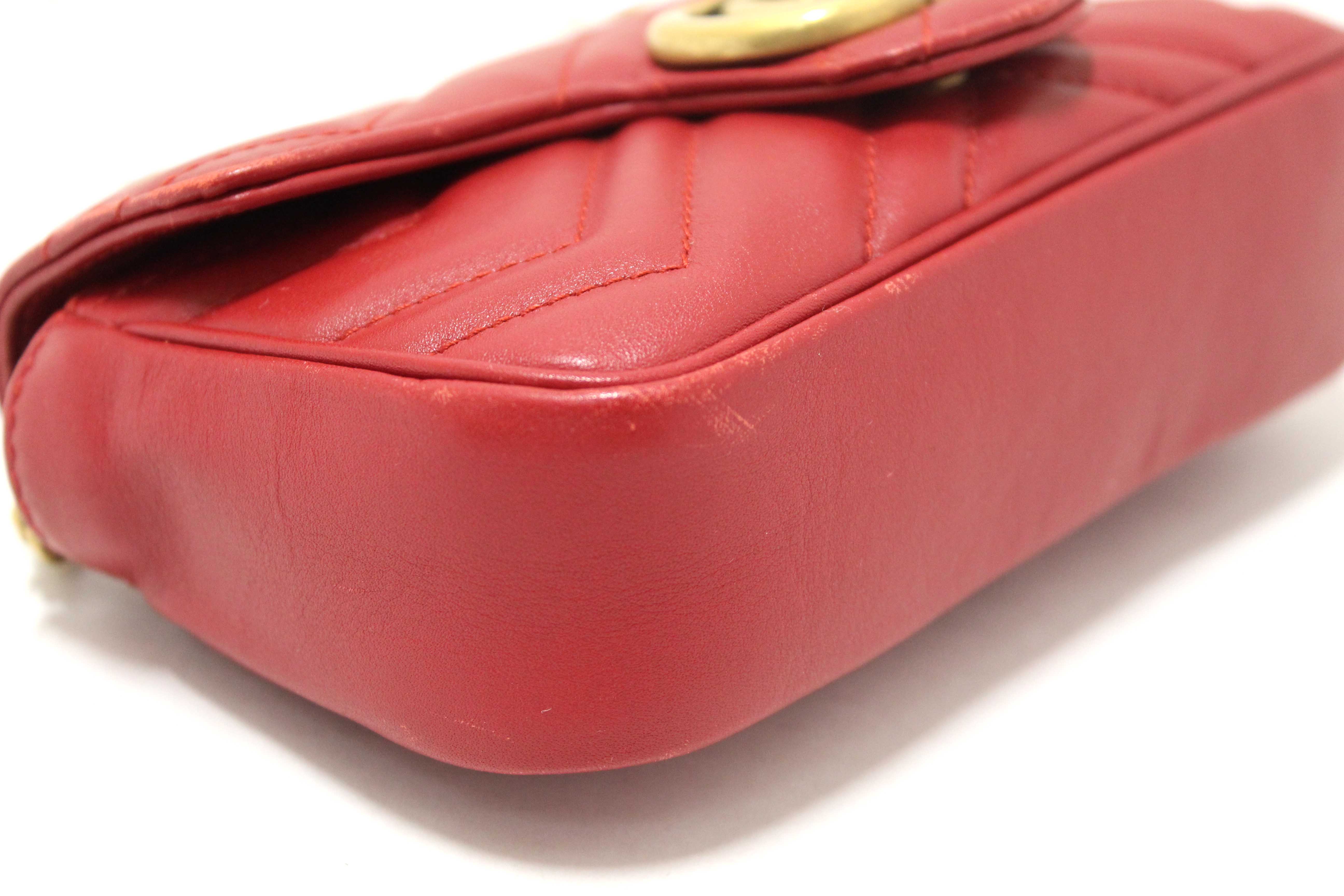 Authentic Gucci Red Marmont Matelasse Super Mini Chain Bag 476433