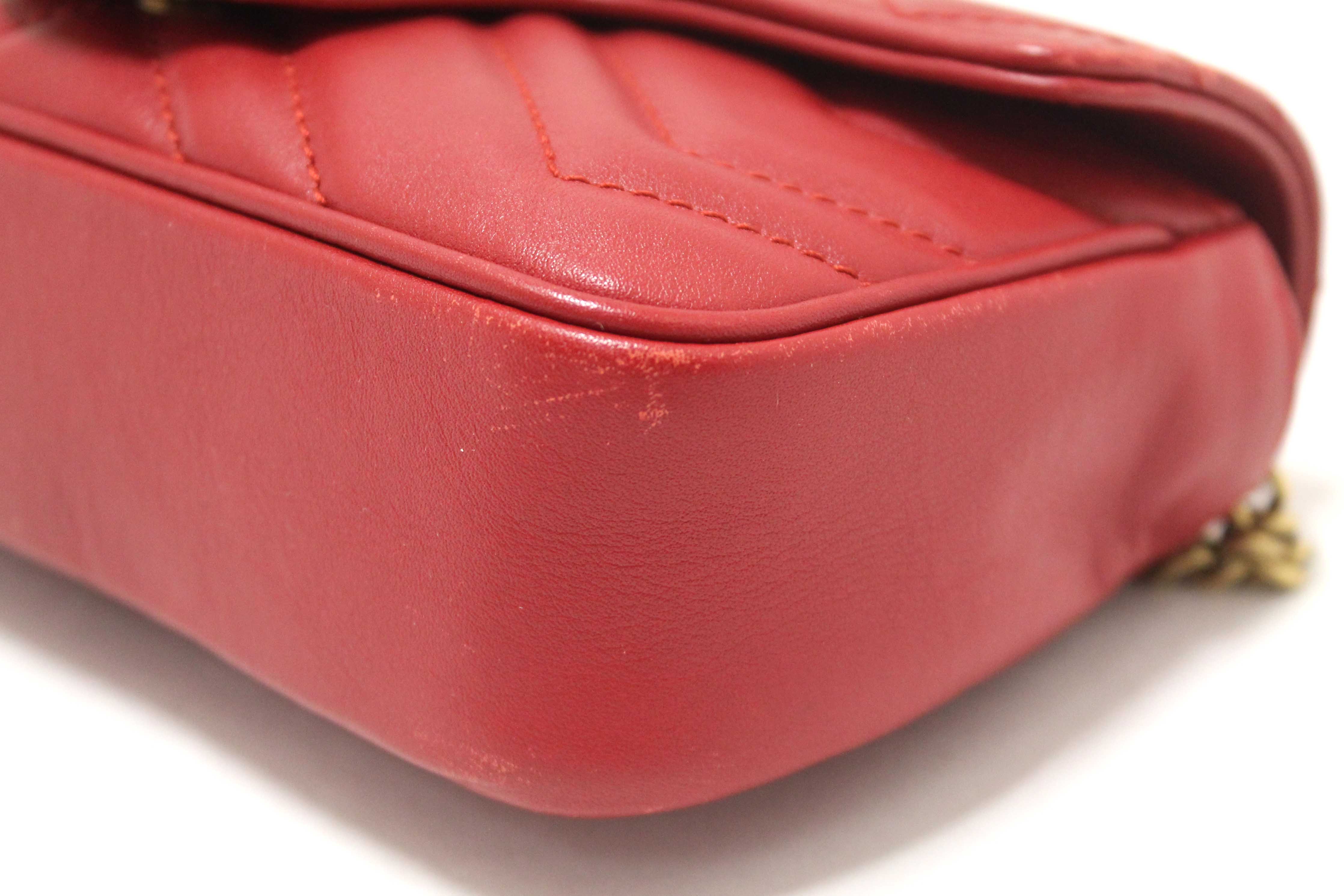 Authentic Gucci Red Marmont Matelasse Super Mini Chain Bag 476433