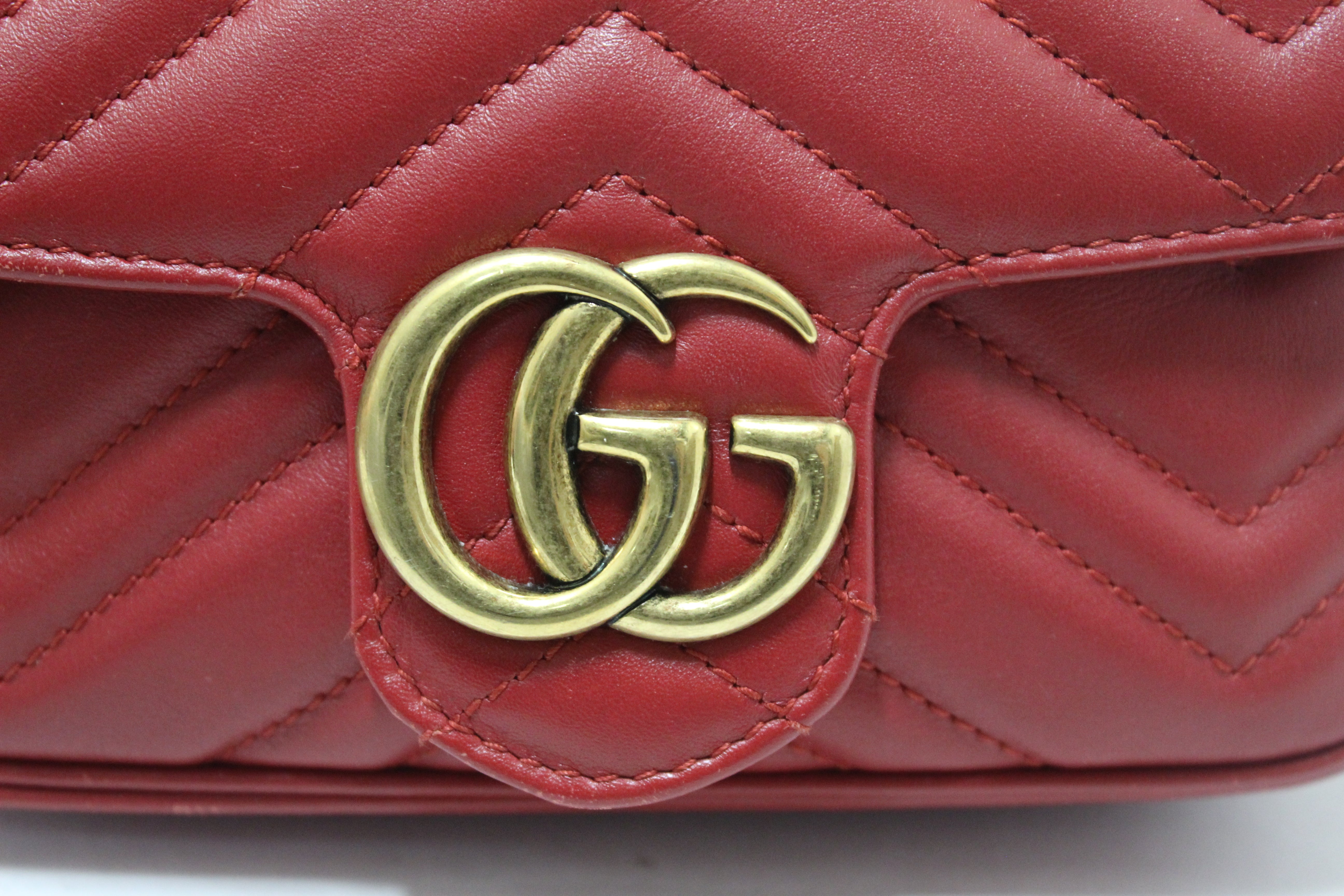 Authentic Gucci Red Marmont Matelasse Super Mini Chain Bag 476433