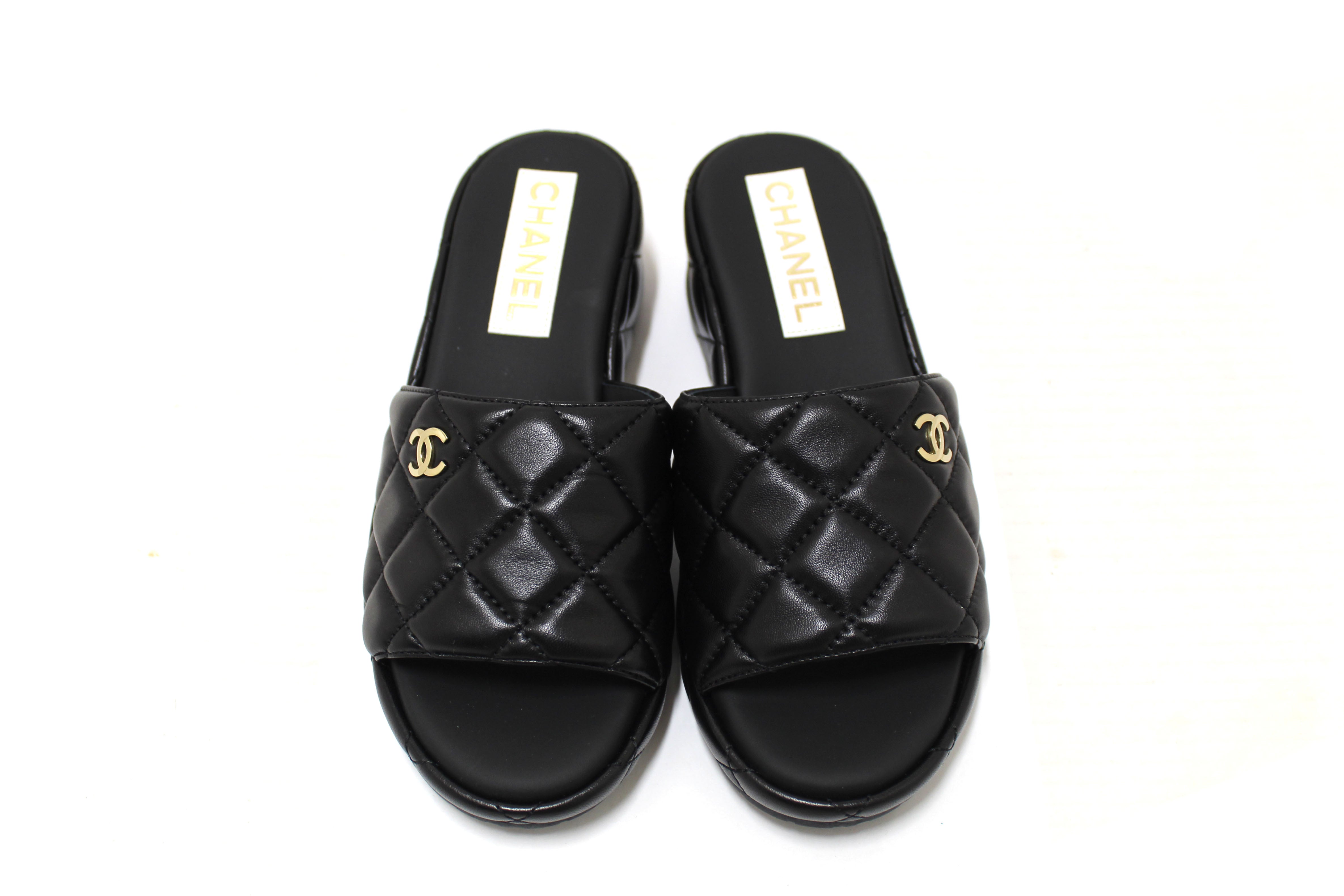 Authentic Chanel Black Quilted Lambskin Leather Platform Slide Size 36