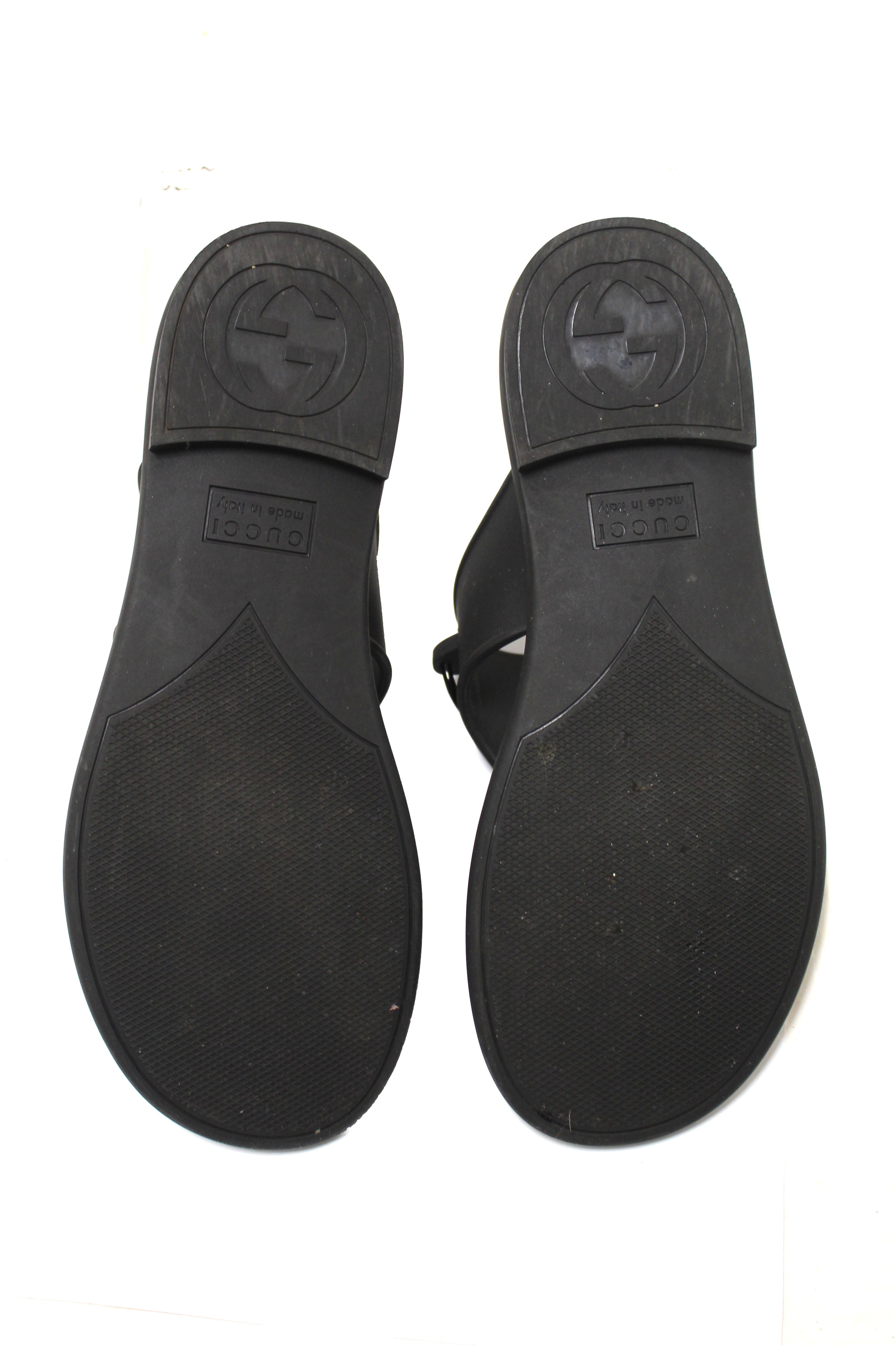 Authentic Gucci Black Minorca Rubber GG Horsebit Thong Sandals size 37