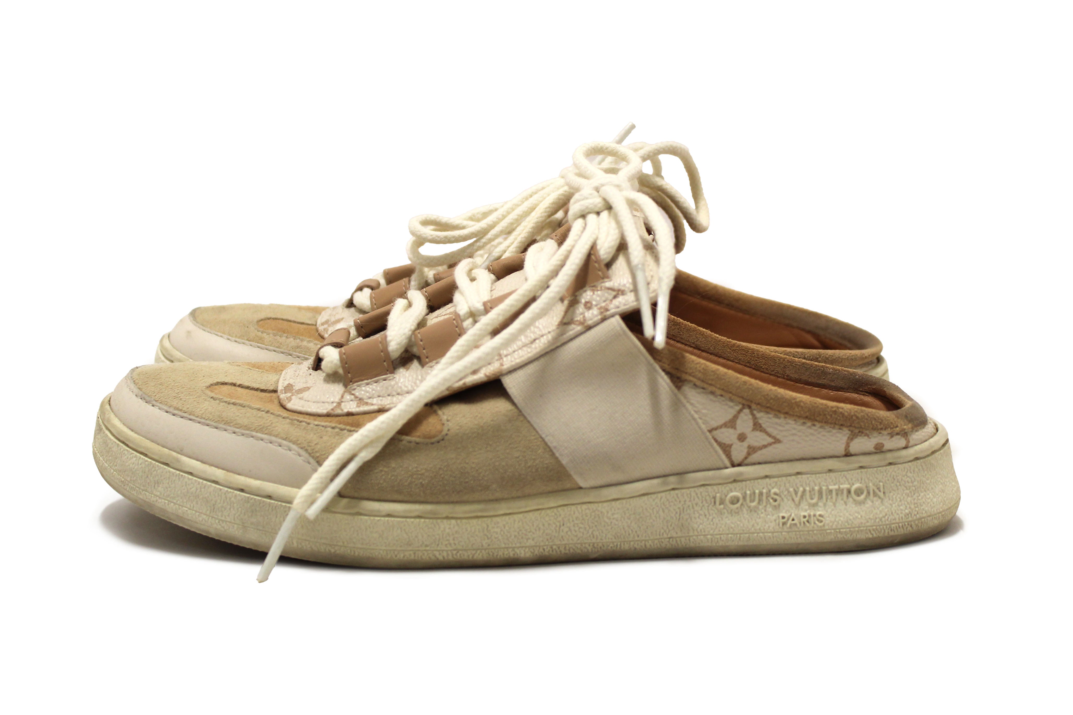 Authentic Louis Vuitton Beige Calfskin and Suede Monogram Open Back Sneakers size 39
