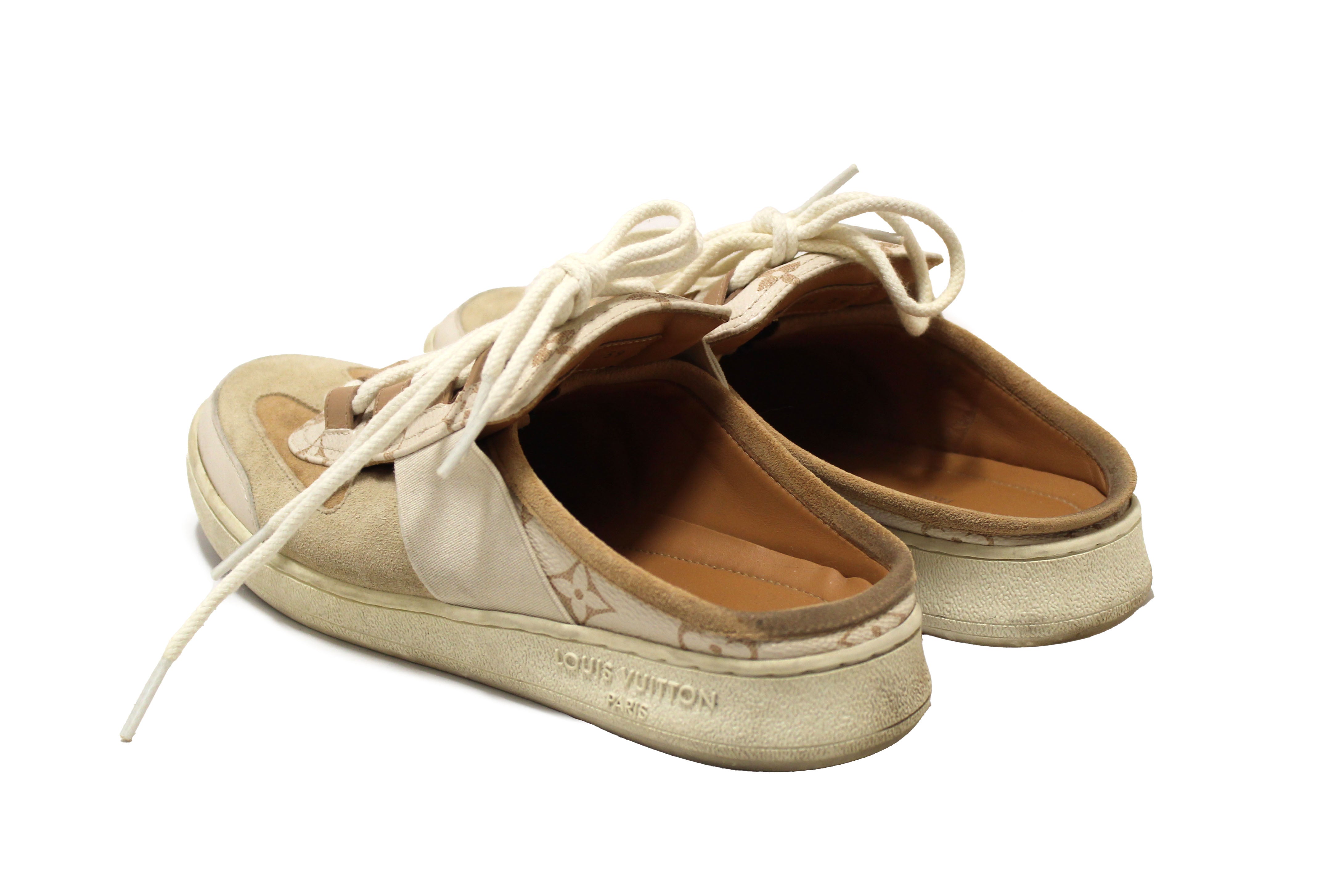 Authentic Louis Vuitton Beige Calfskin and Suede Monogram Open Back Sneakers size 39