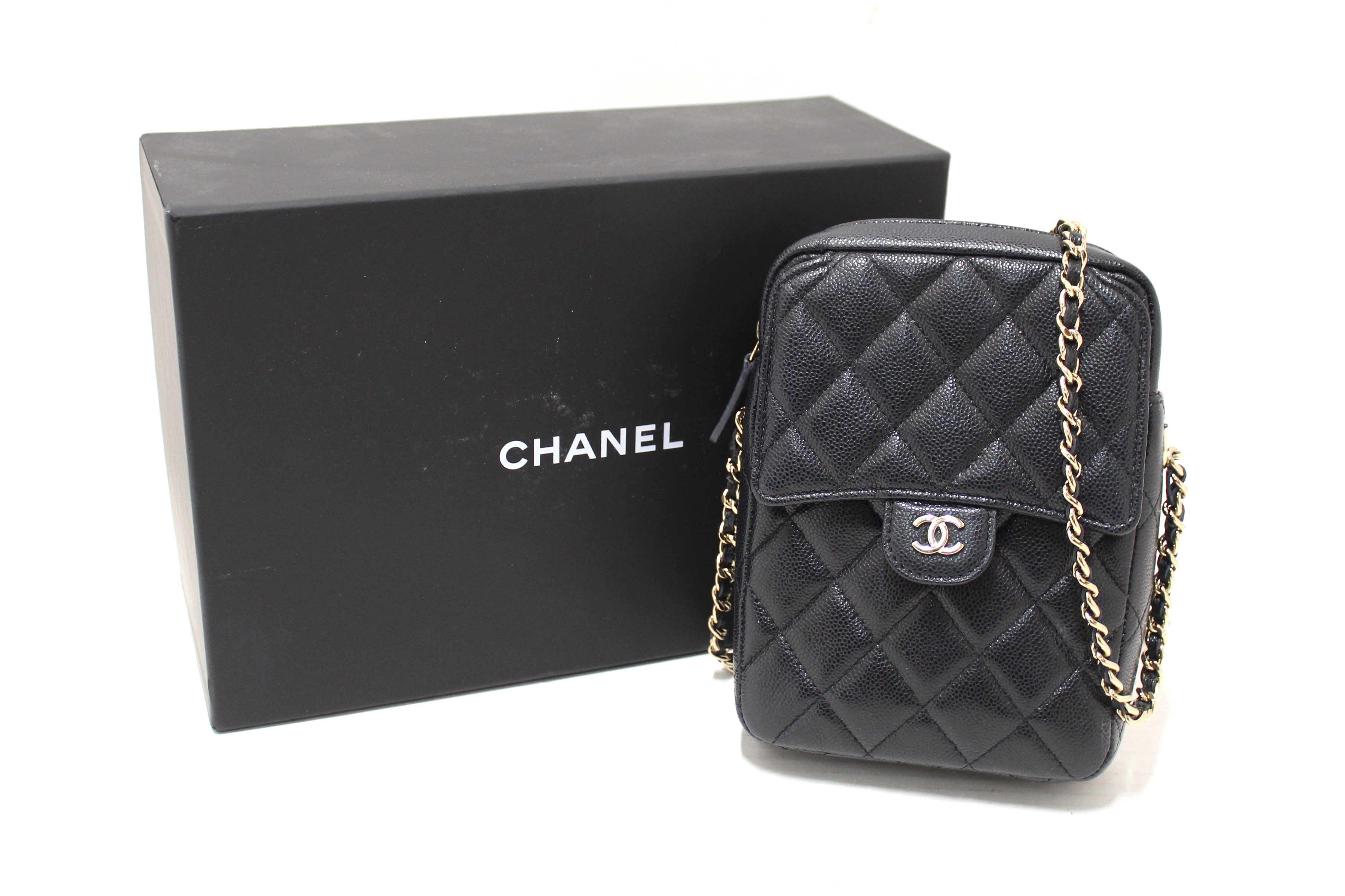 Authentic Chanel Black Caviar Quilted Leather Phone Holder Crossbody Bag