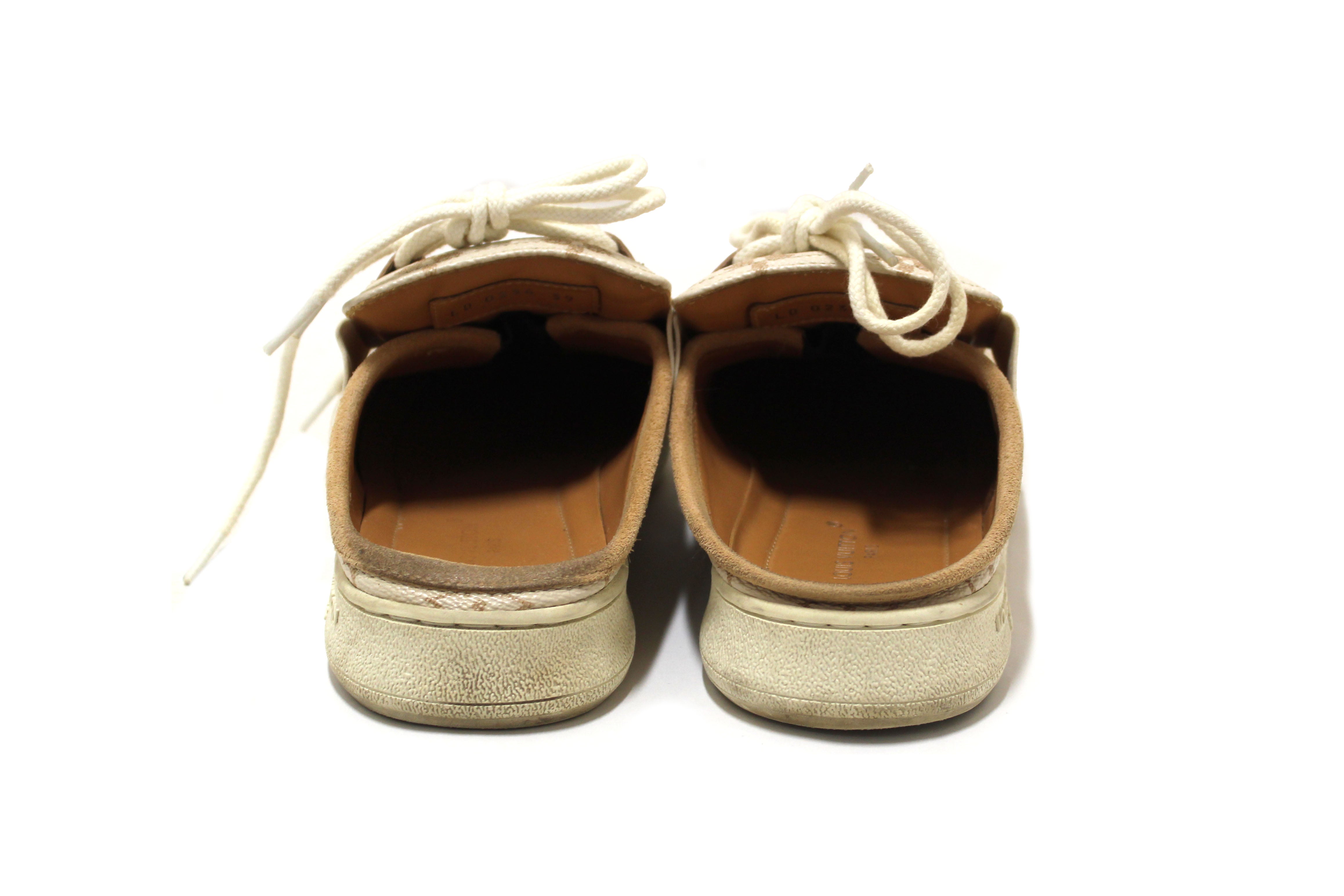 Authentic Louis Vuitton Beige Calfskin and Suede Monogram Open Back Sneakers size 39