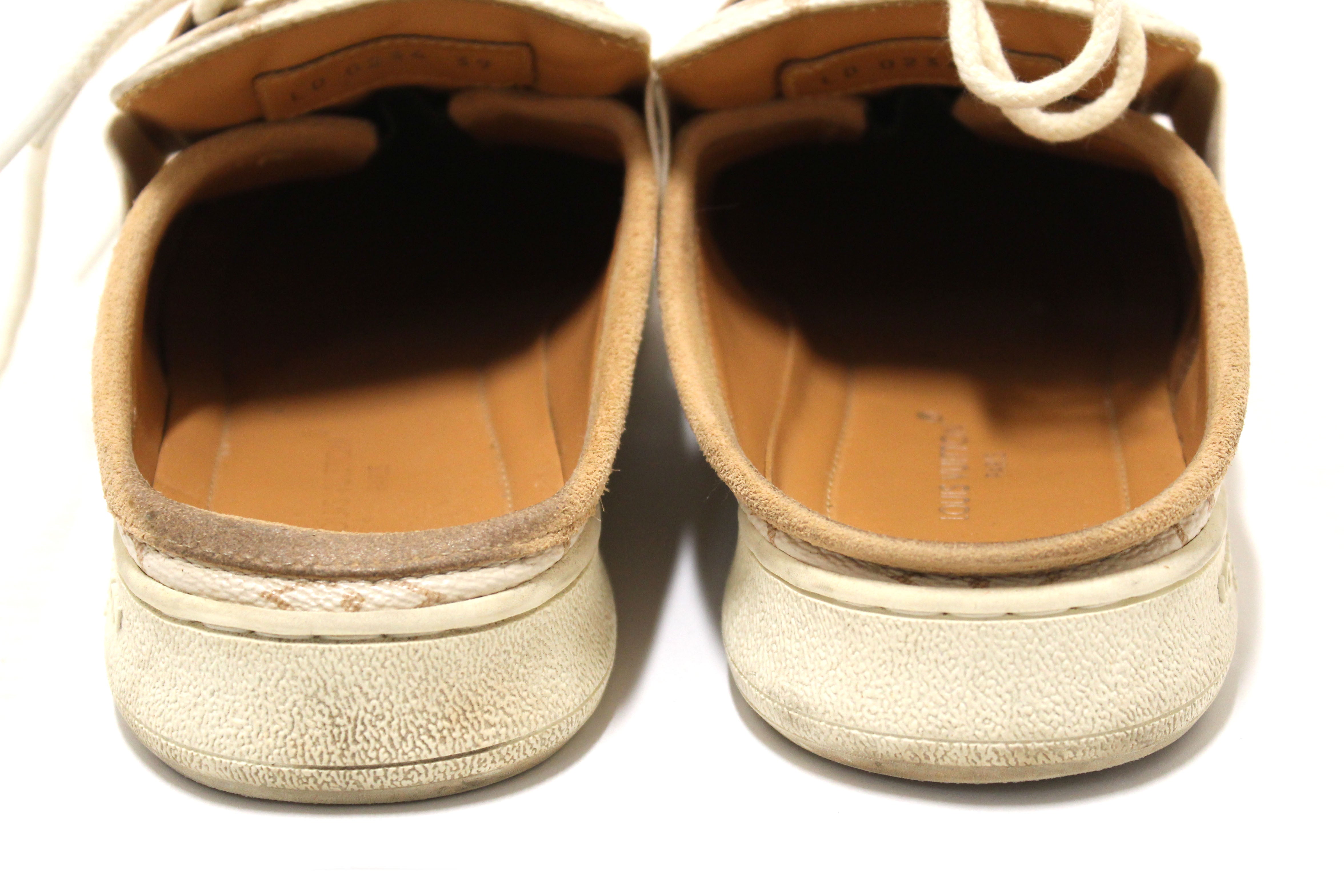 Authentic Louis Vuitton Beige Calfskin and Suede Monogram Open Back Sneakers size 39