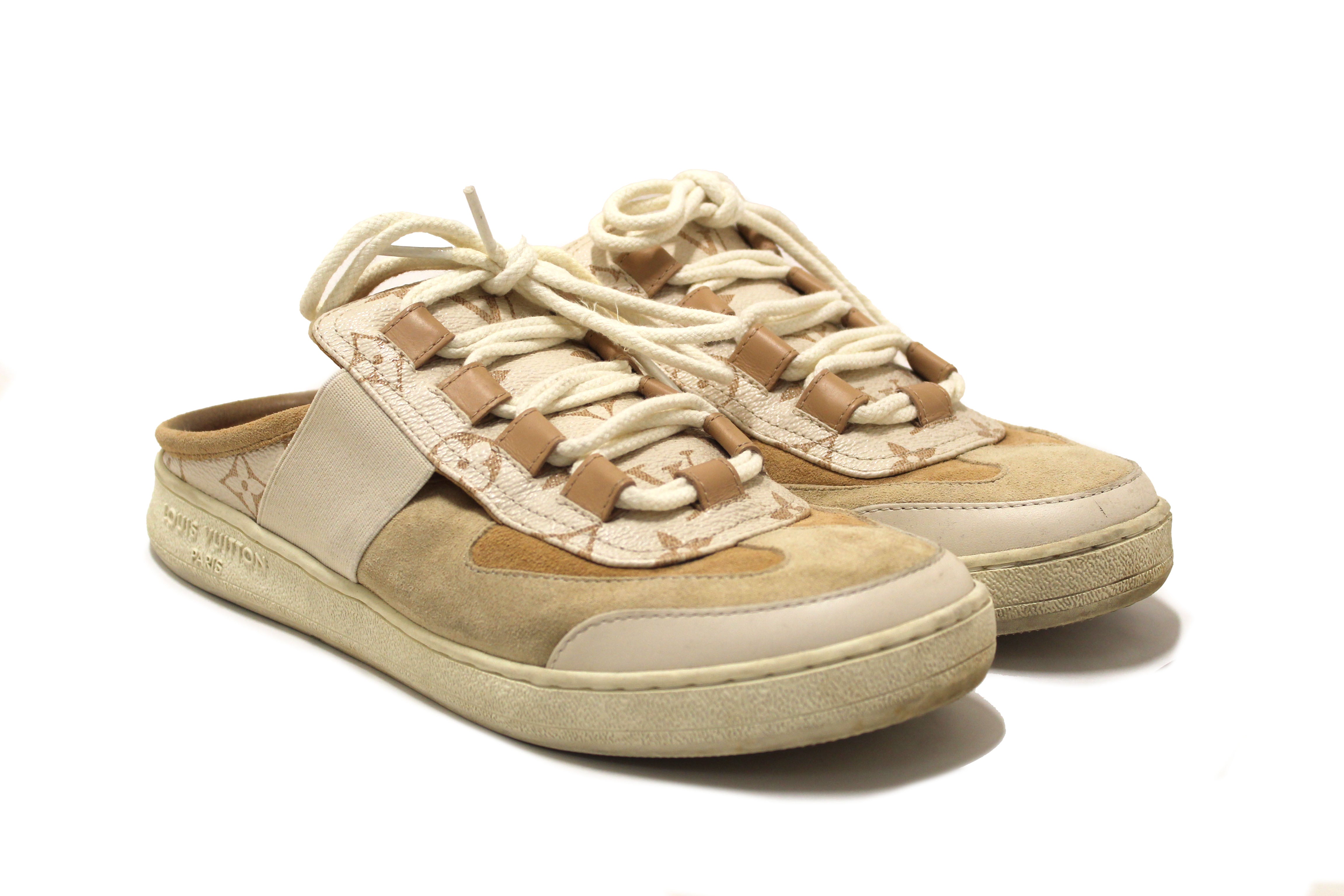 Authentic Louis Vuitton Beige Calfskin and Suede Monogram Open Back Sneakers size 39