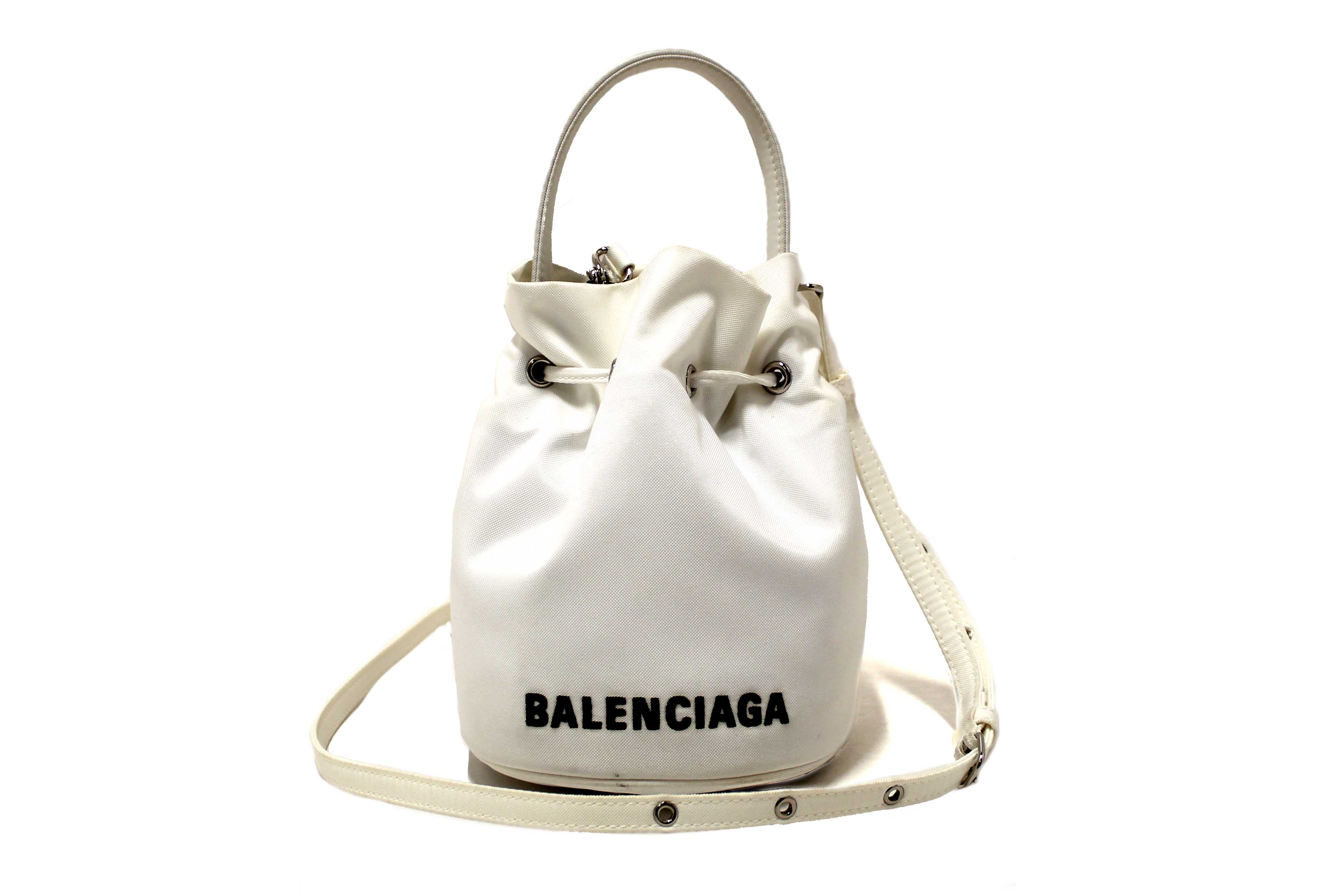 Authentic Balenciaga White Nylon XS Wheel Drawstring Bucket Bag