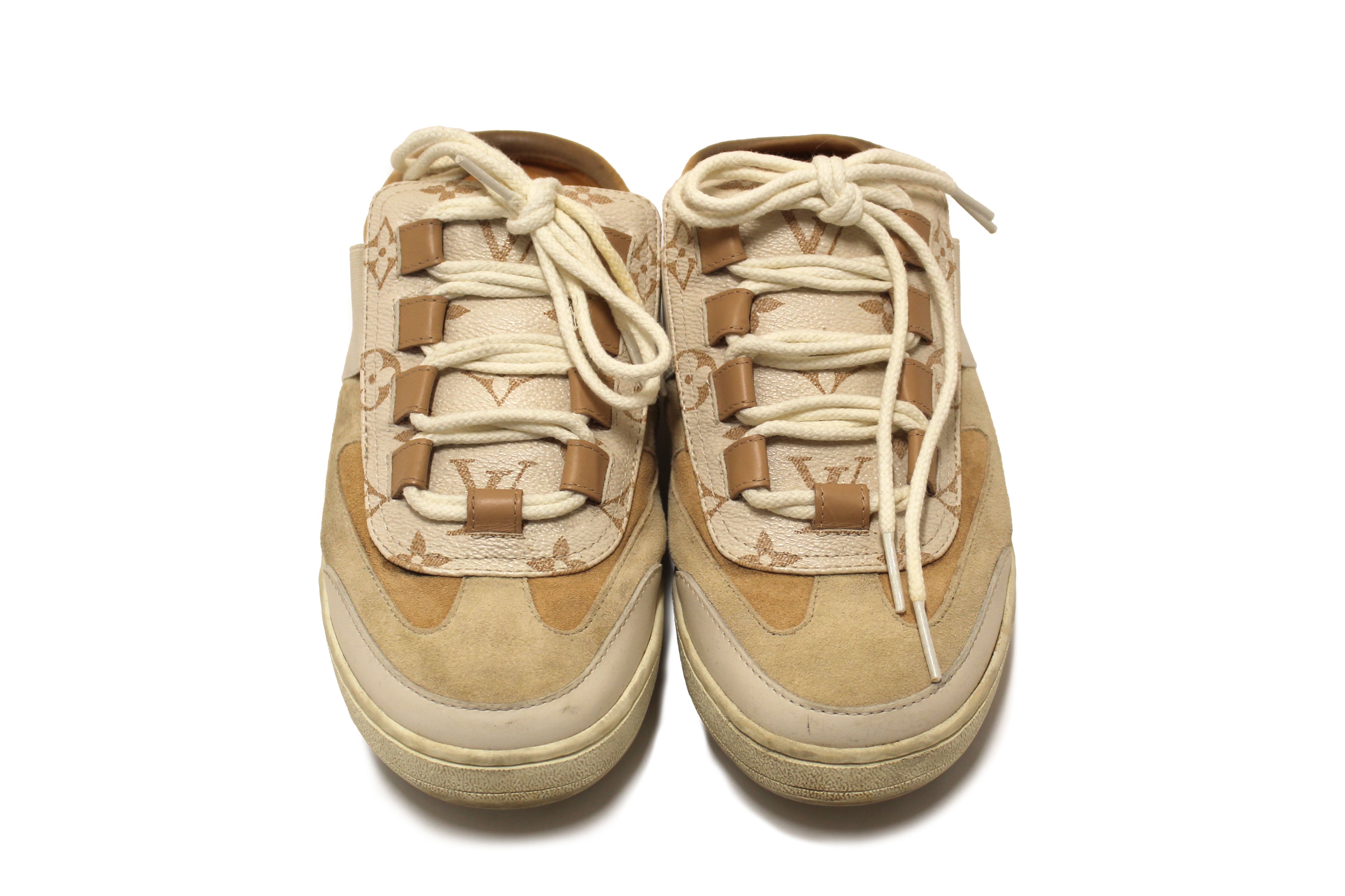 Authentic Louis Vuitton Beige Calfskin and Suede Monogram Open Back Sneakers size 39