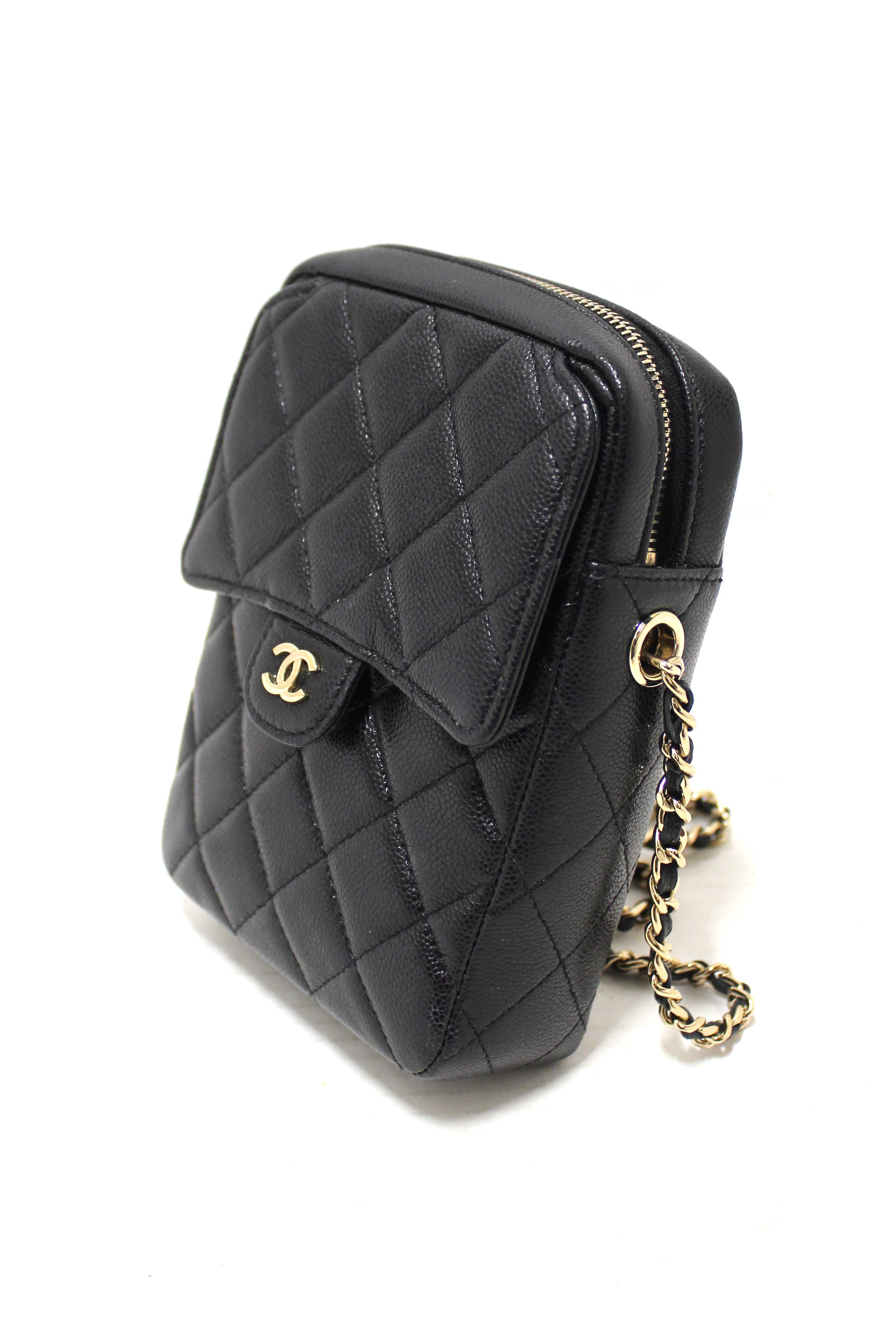 Authentic Chanel Black Caviar Quilted Leather Phone Holder Crossbody Bag