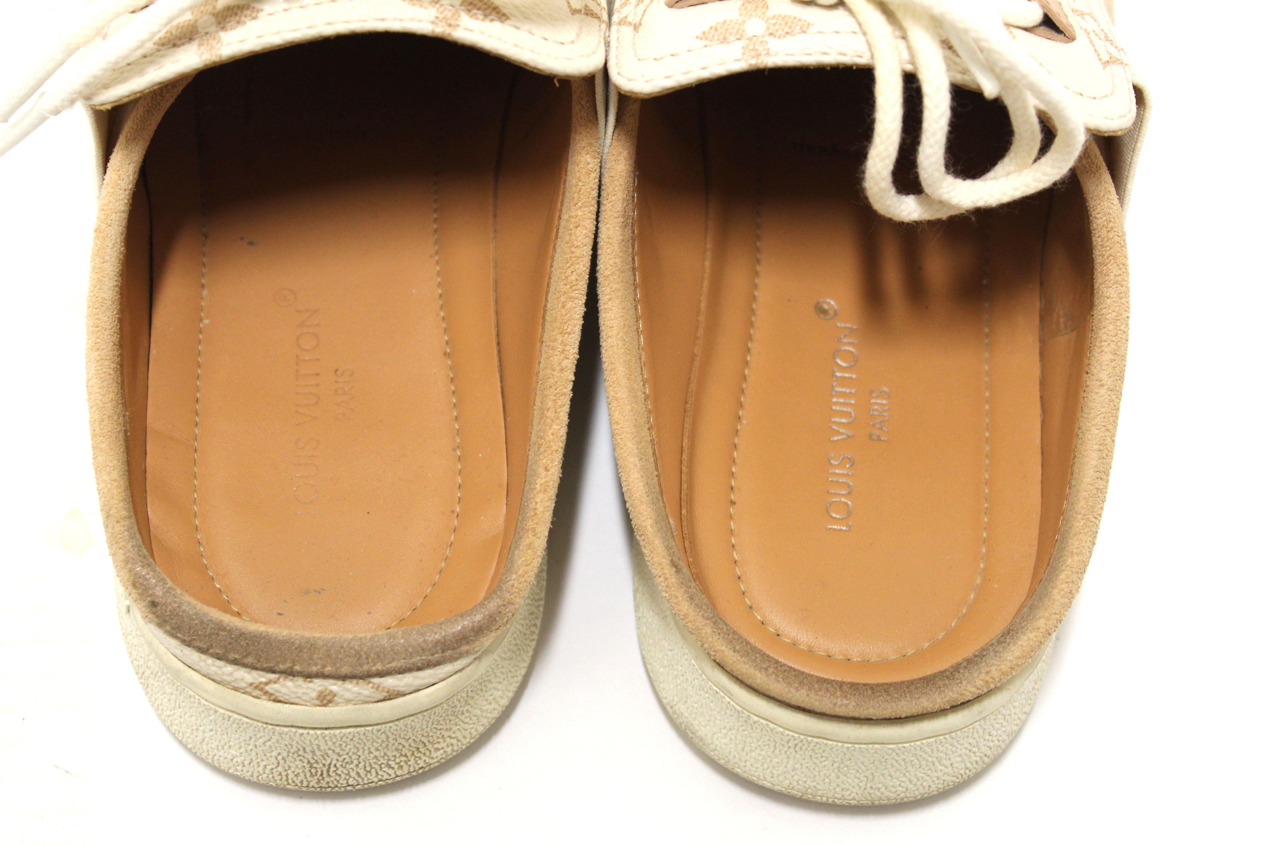 Authentic Louis Vuitton Beige Calfskin and Suede Monogram Open Back Sneakers size 39