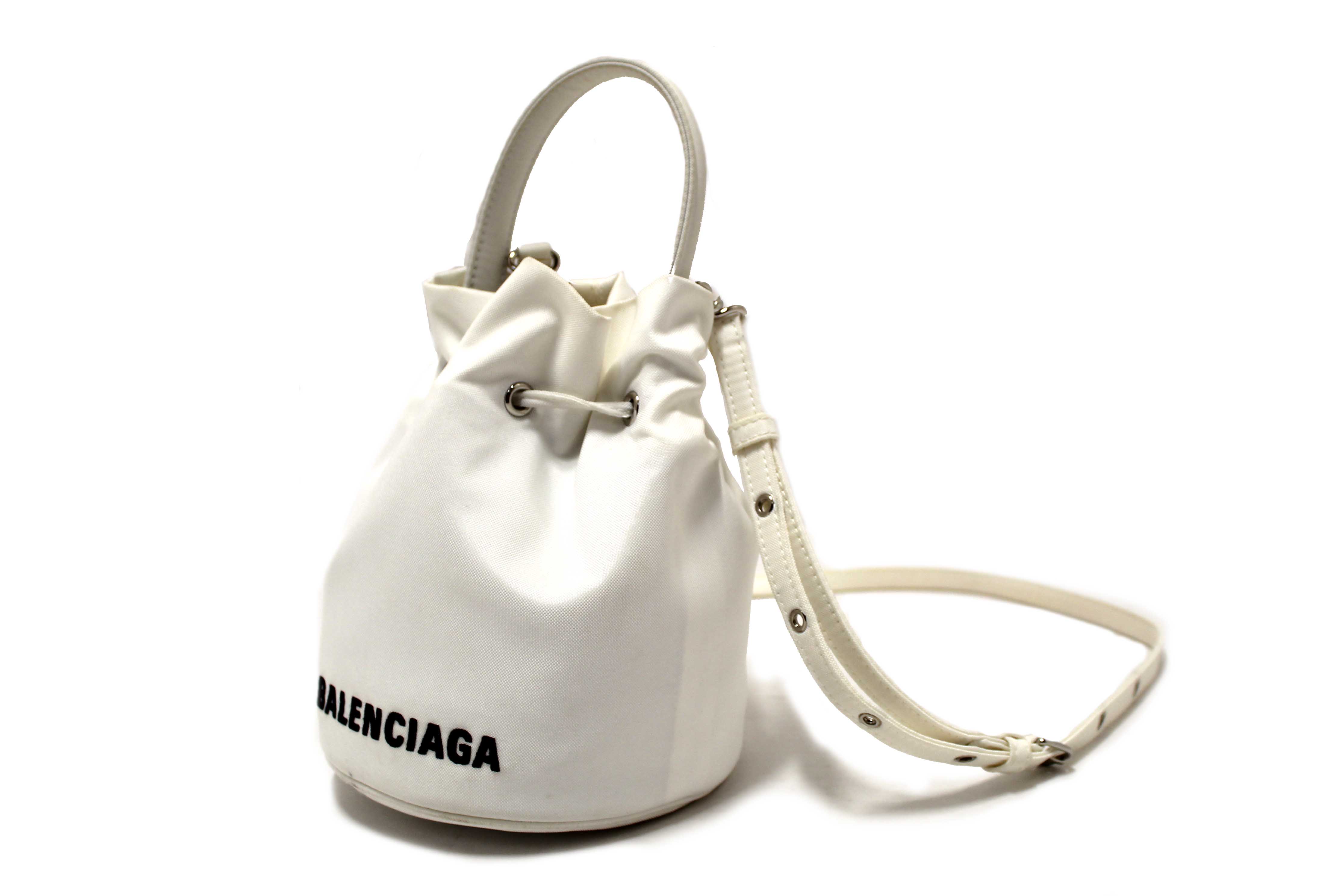 Authentic Balenciaga White Nylon XS Wheel Drawstring Bucket Bag