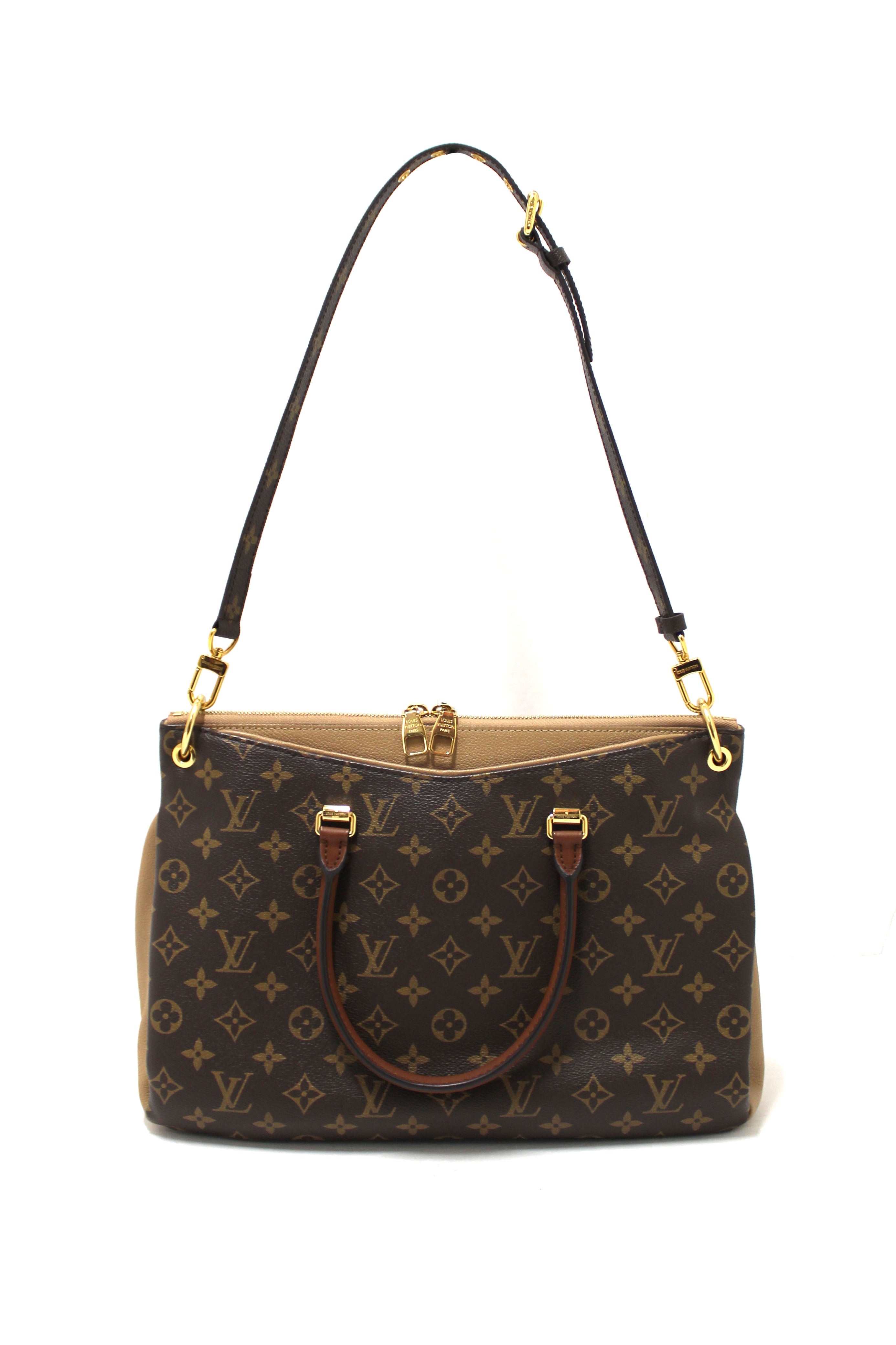 Authentic Louis Vuitton Classic Monogram with Dune Calfskin Leather Pallas Handbag