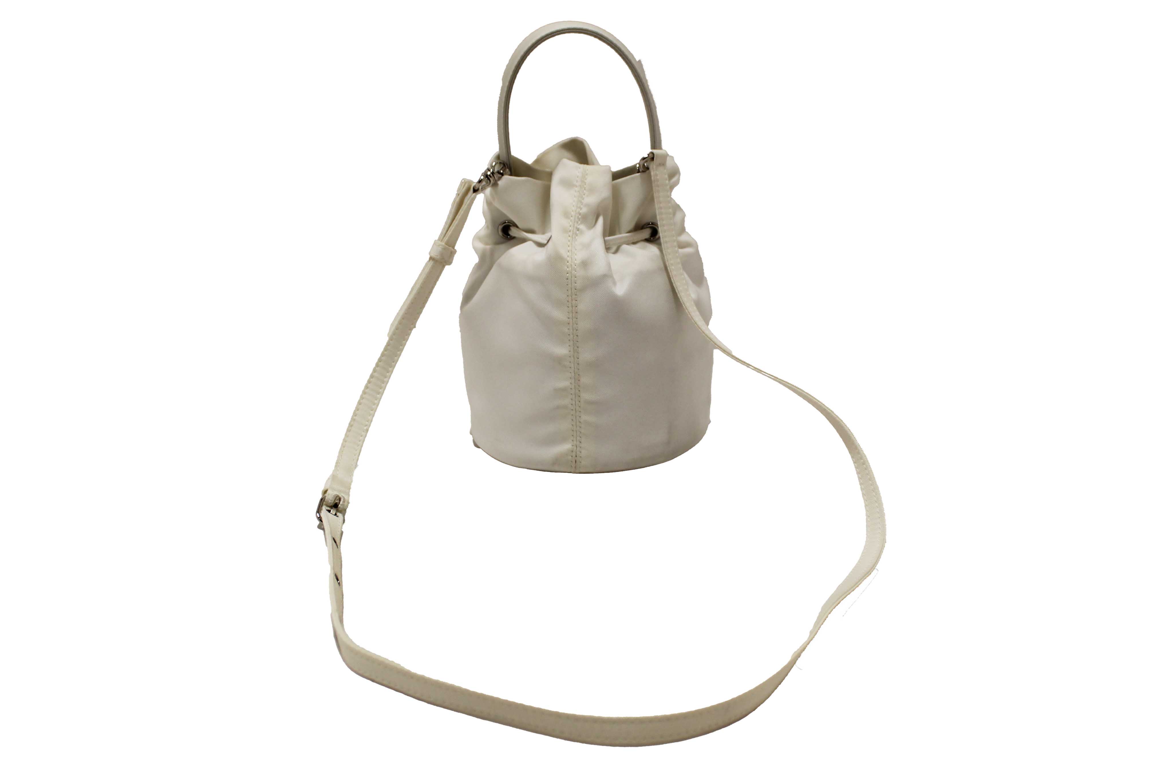 Authentic Balenciaga White Nylon XS Wheel Drawstring Bucket Bag