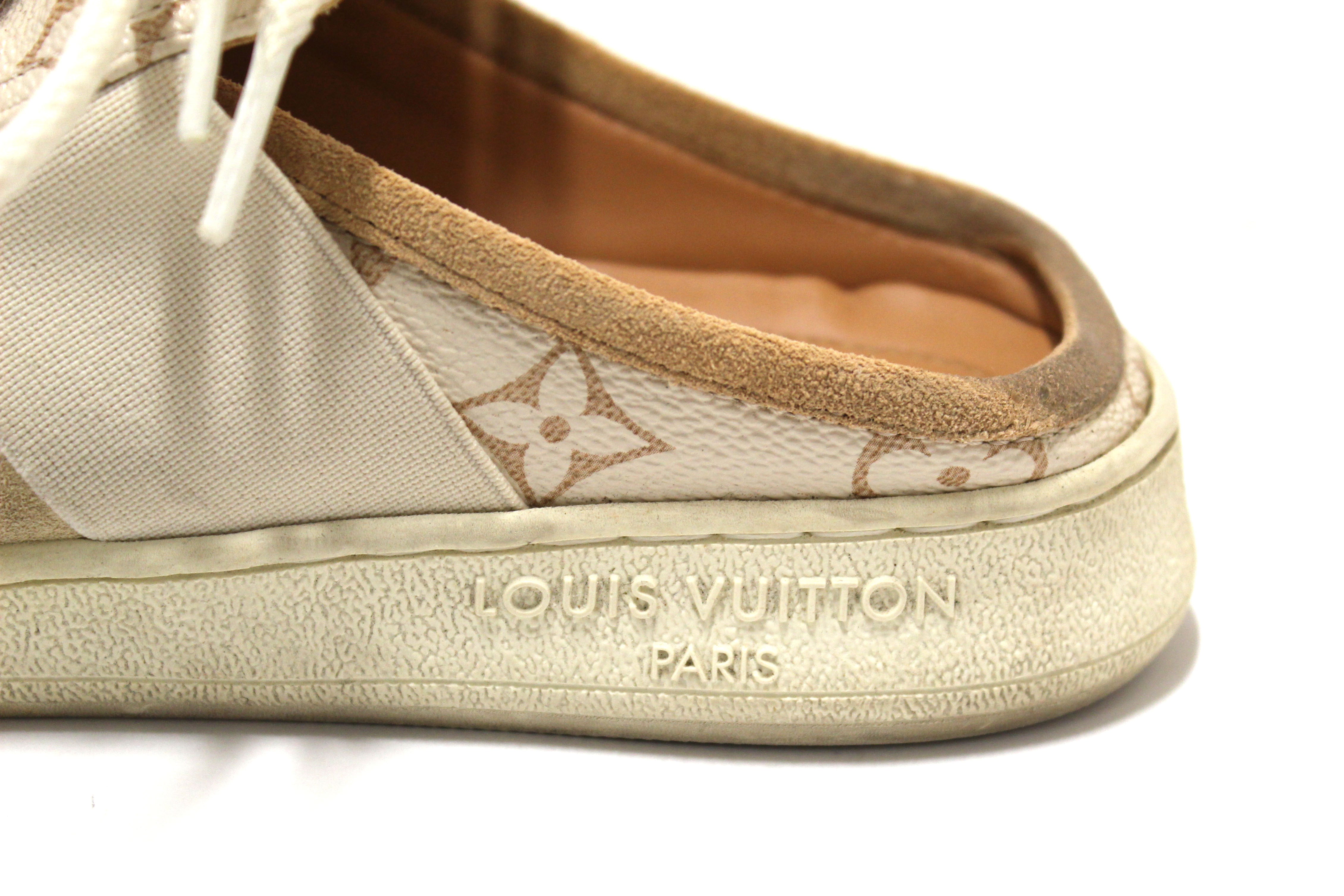 Authentic Louis Vuitton Beige Calfskin and Suede Monogram Open Back Sneakers size 39