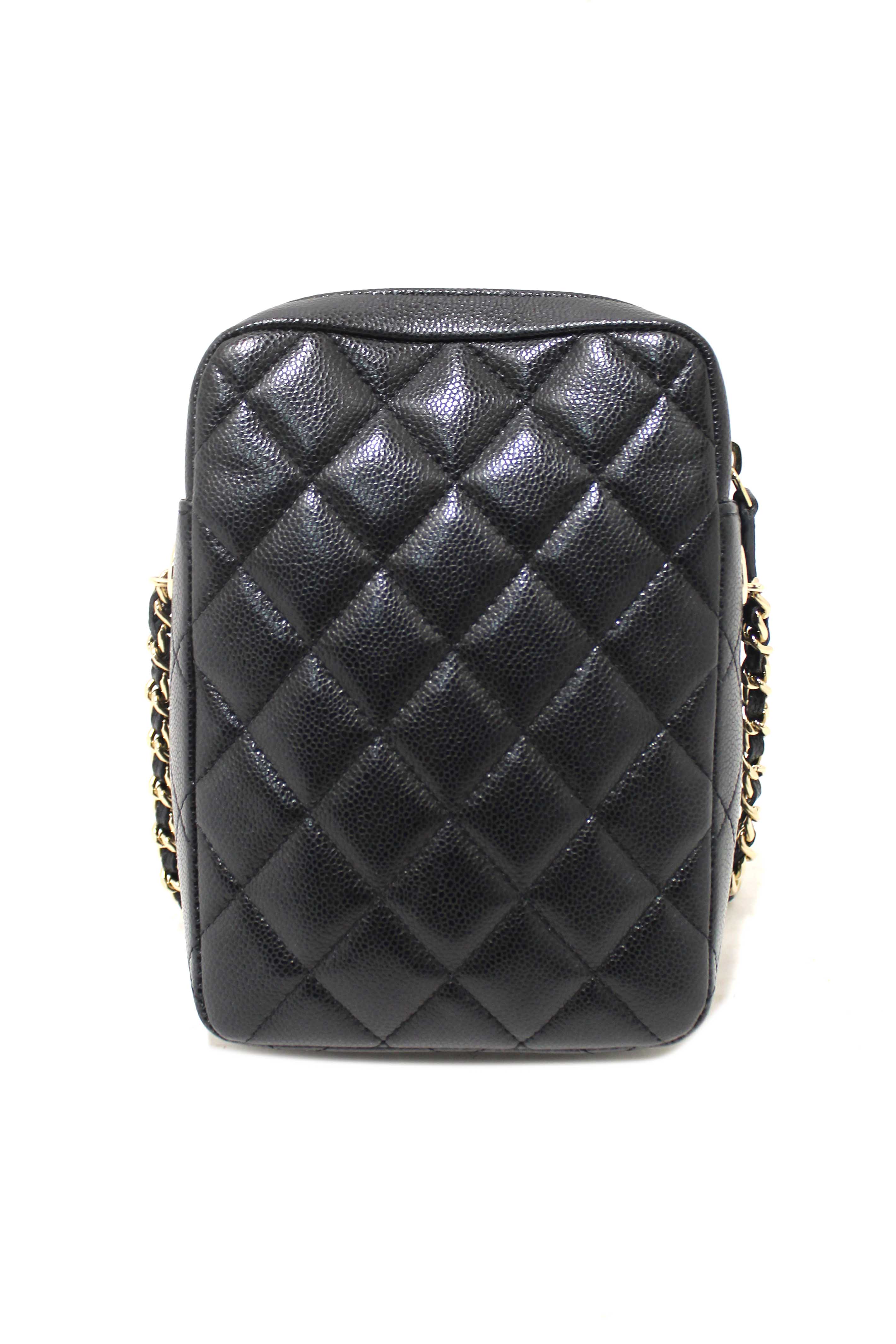 Authentic Chanel Black Caviar Quilted Leather Phone Holder Crossbody Bag