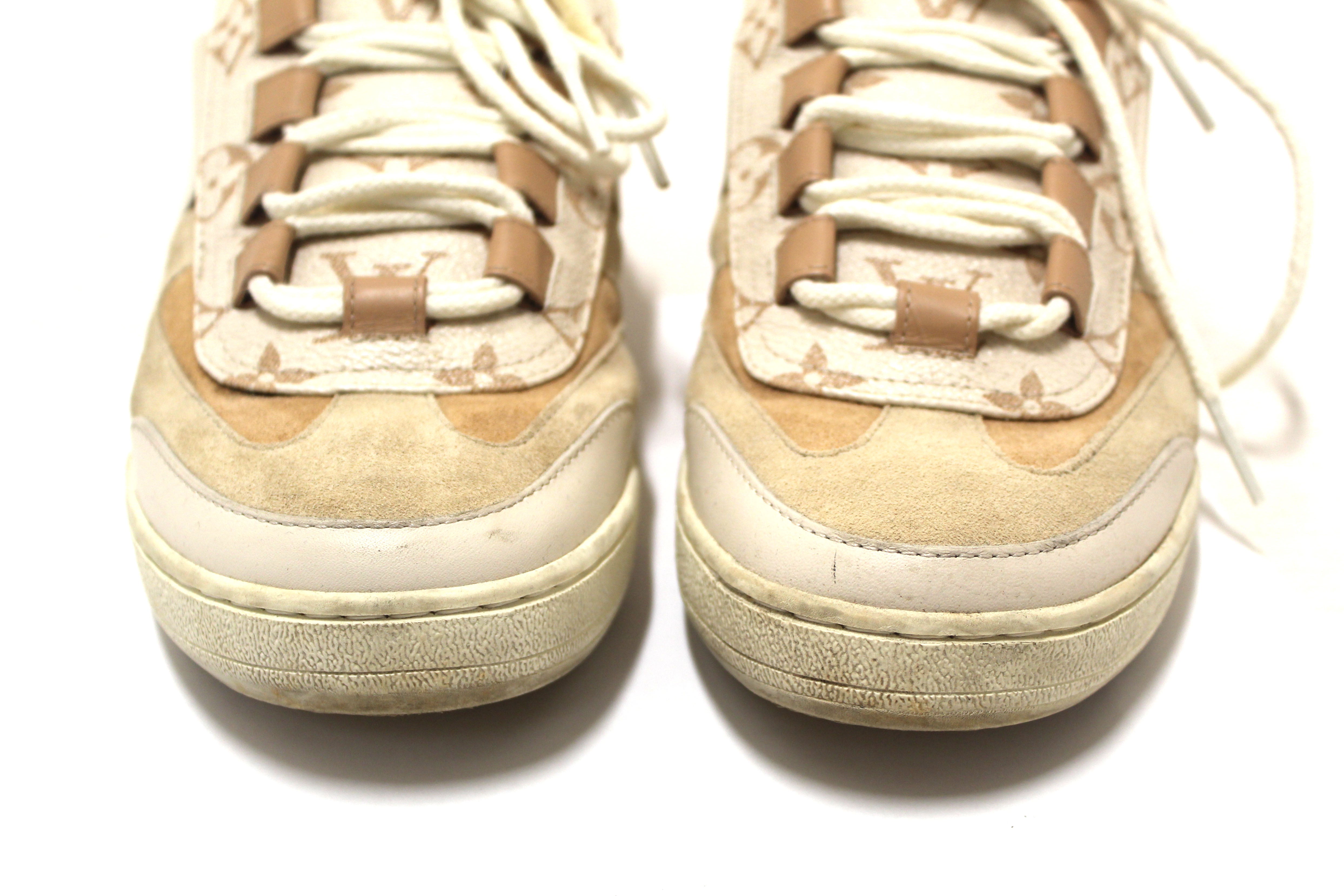 Authentic Louis Vuitton Beige Calfskin and Suede Monogram Open Back Sneakers size 39