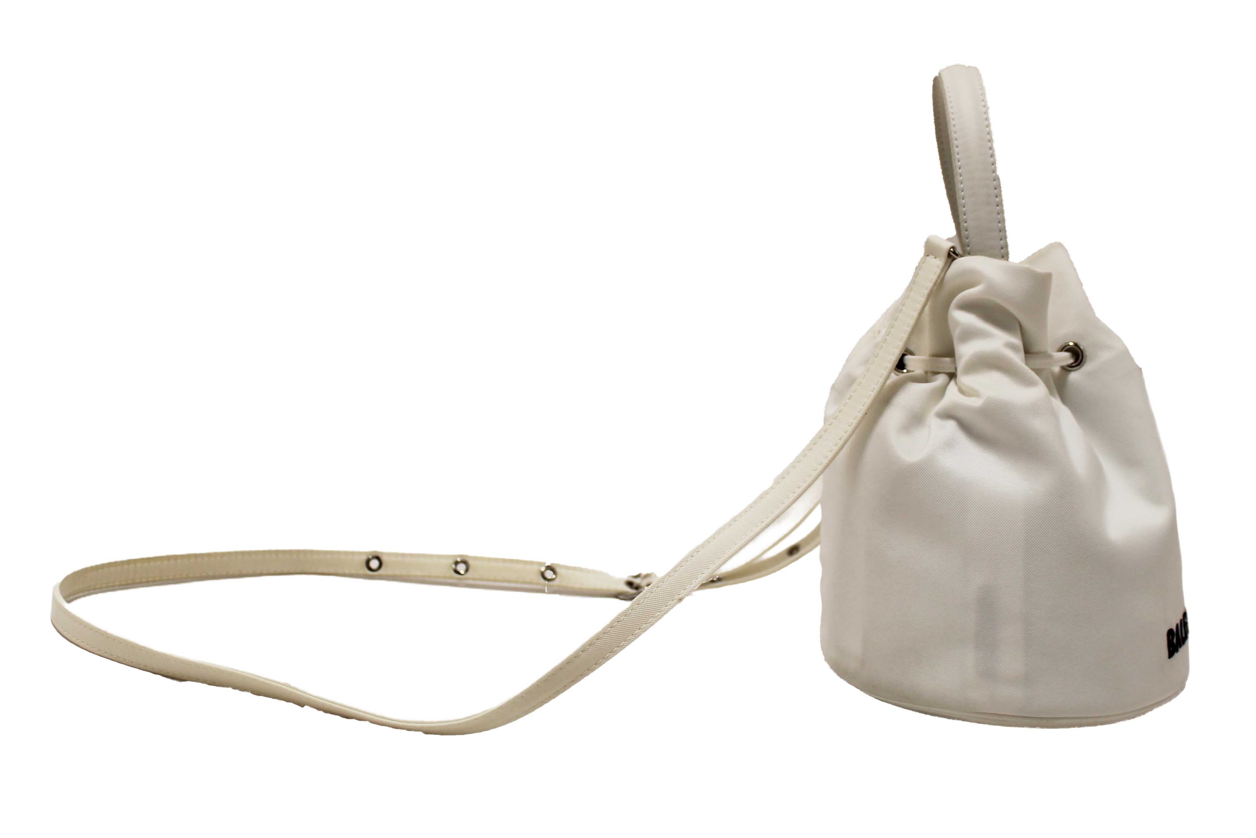 Authentic Balenciaga White Nylon XS Wheel Drawstring Bucket Bag
