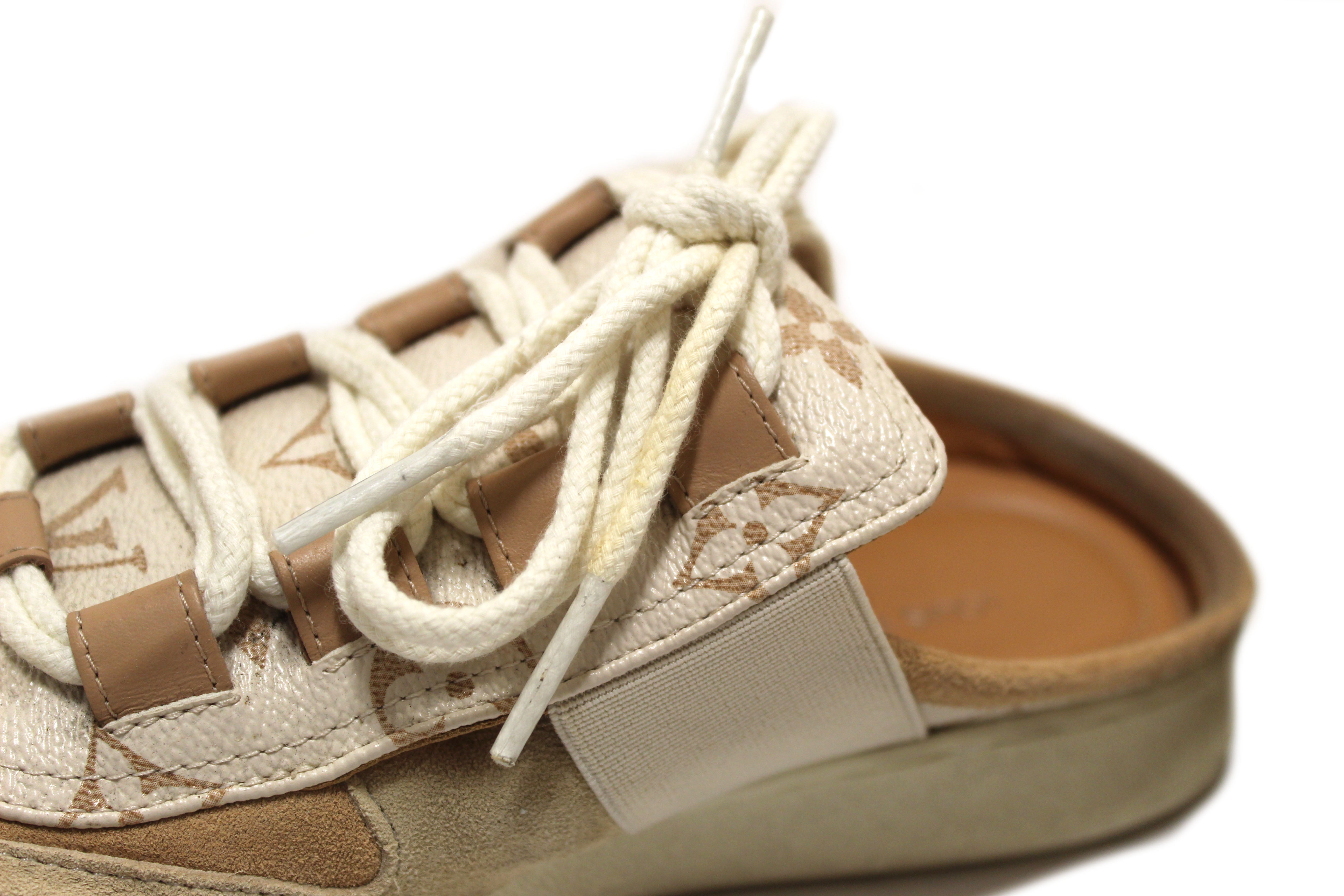 Authentic Louis Vuitton Beige Calfskin and Suede Monogram Open Back Sneakers size 39