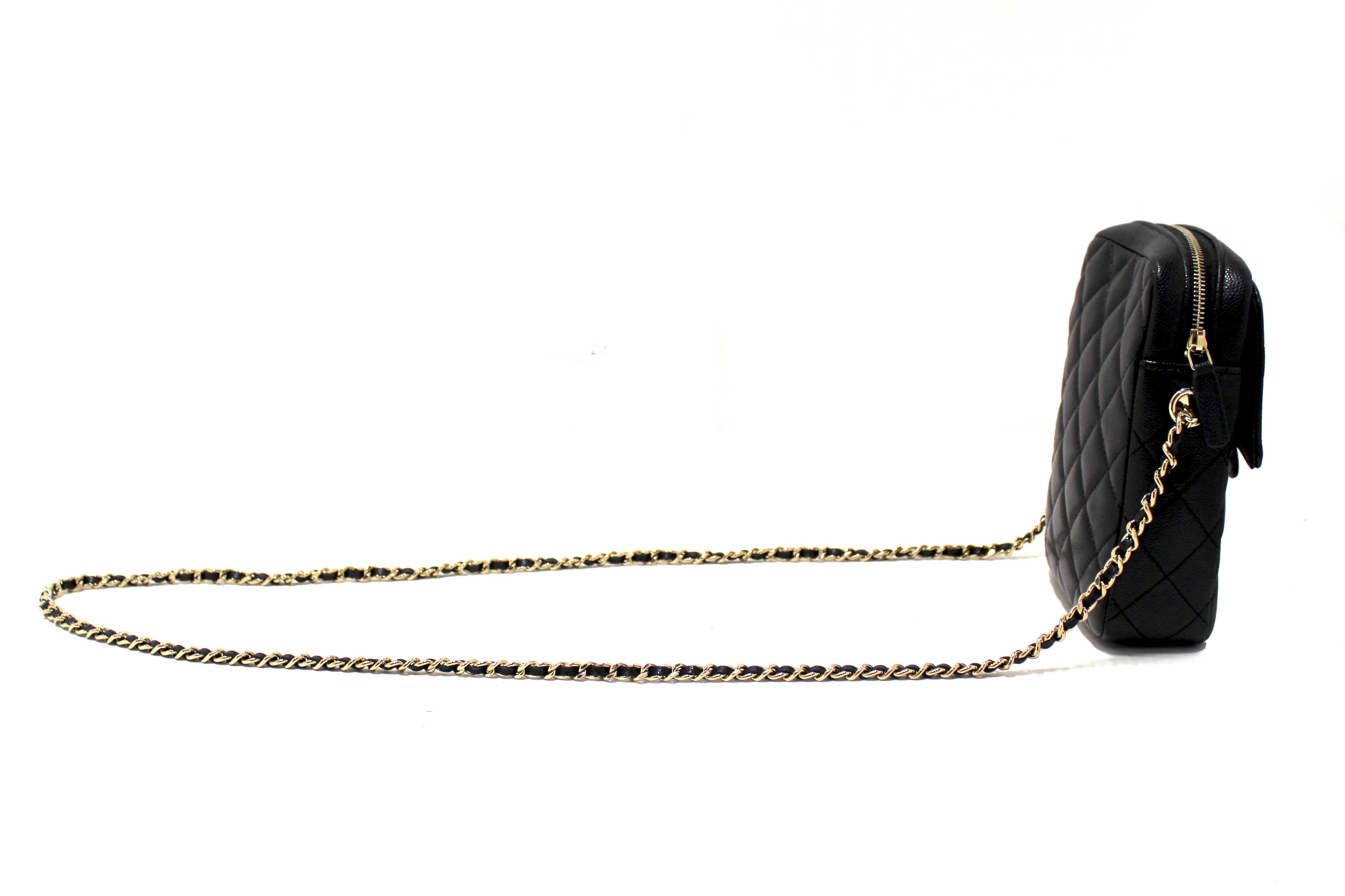 Authentic Chanel Black Caviar Quilted Leather Phone Holder Crossbody Bag