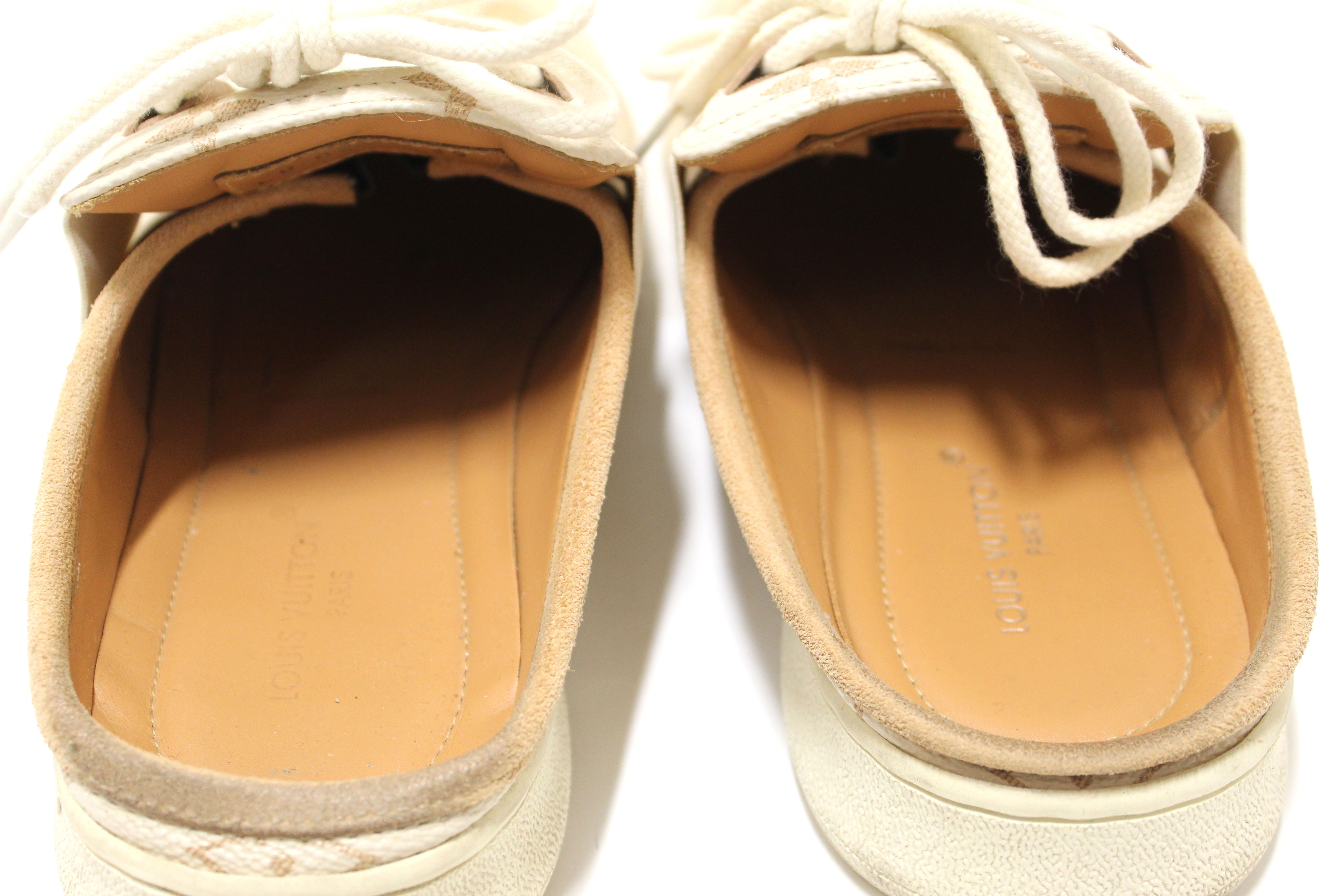 Authentic Louis Vuitton Beige Calfskin and Suede Monogram Open Back Sneakers size 39