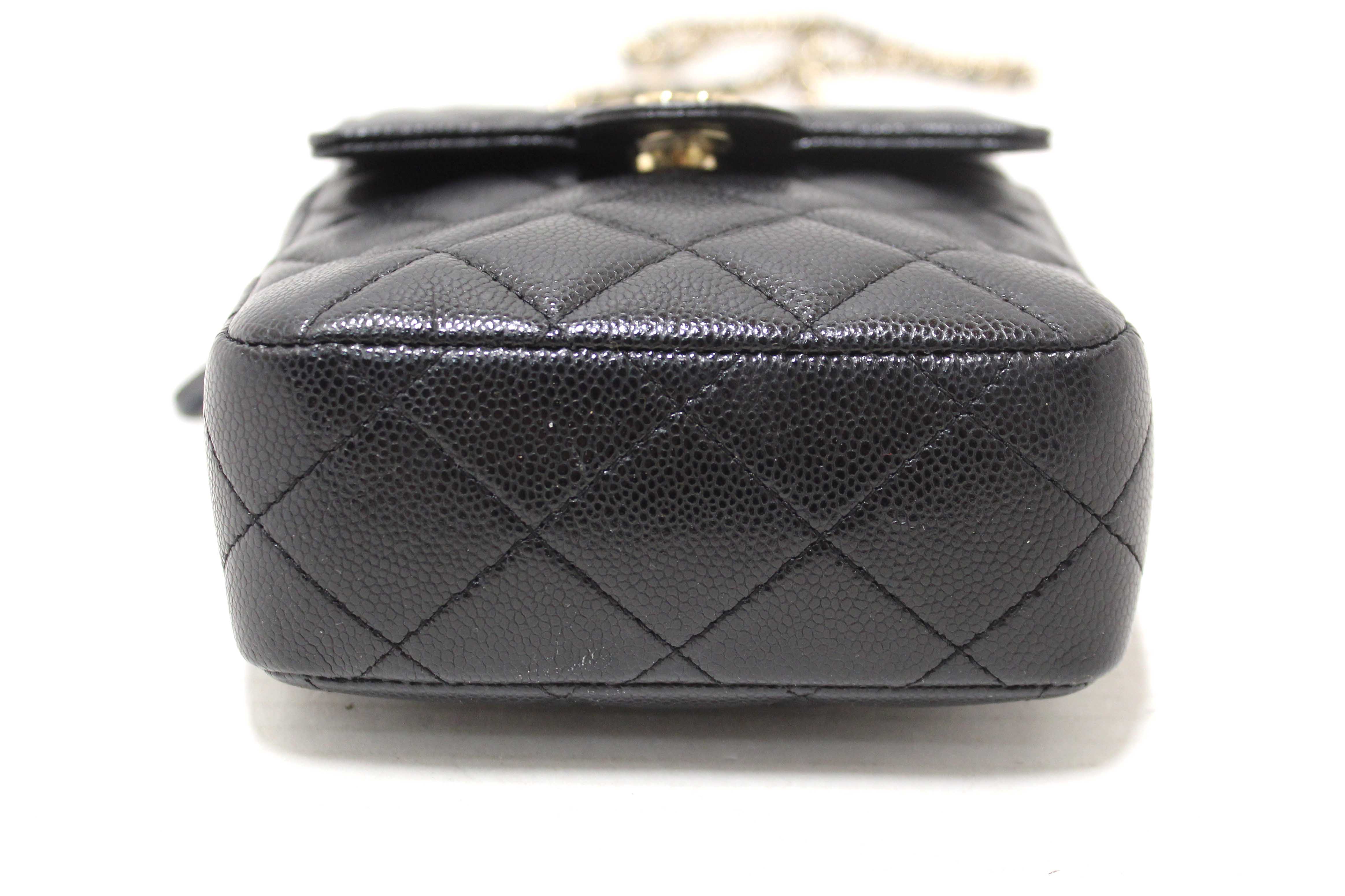 Authentic Chanel Black Caviar Quilted Leather Phone Holder Crossbody Bag