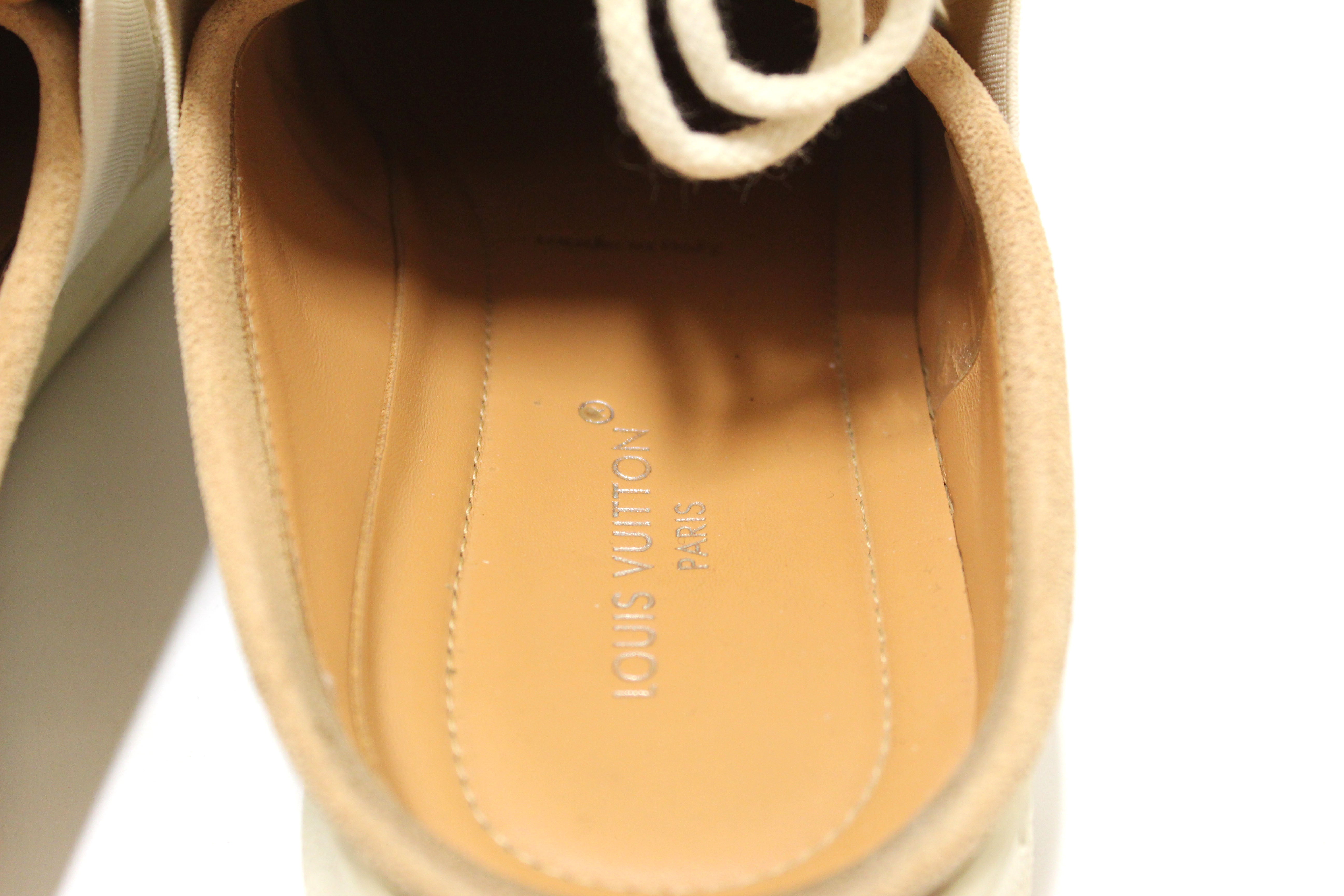 Authentic Louis Vuitton Beige Calfskin and Suede Monogram Open Back Sneakers size 39