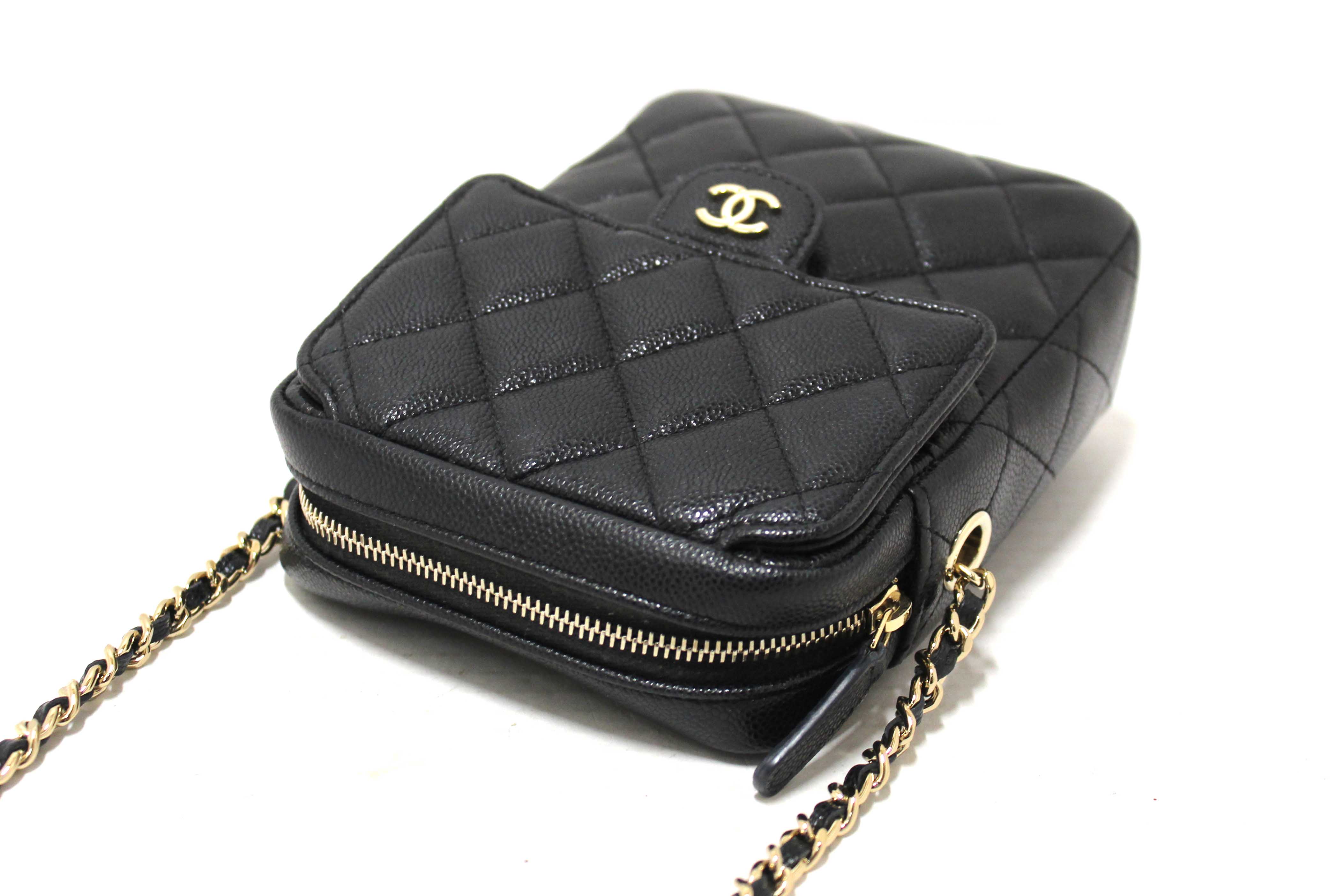 Authentic Chanel Black Caviar Quilted Leather Phone Holder Crossbody Bag