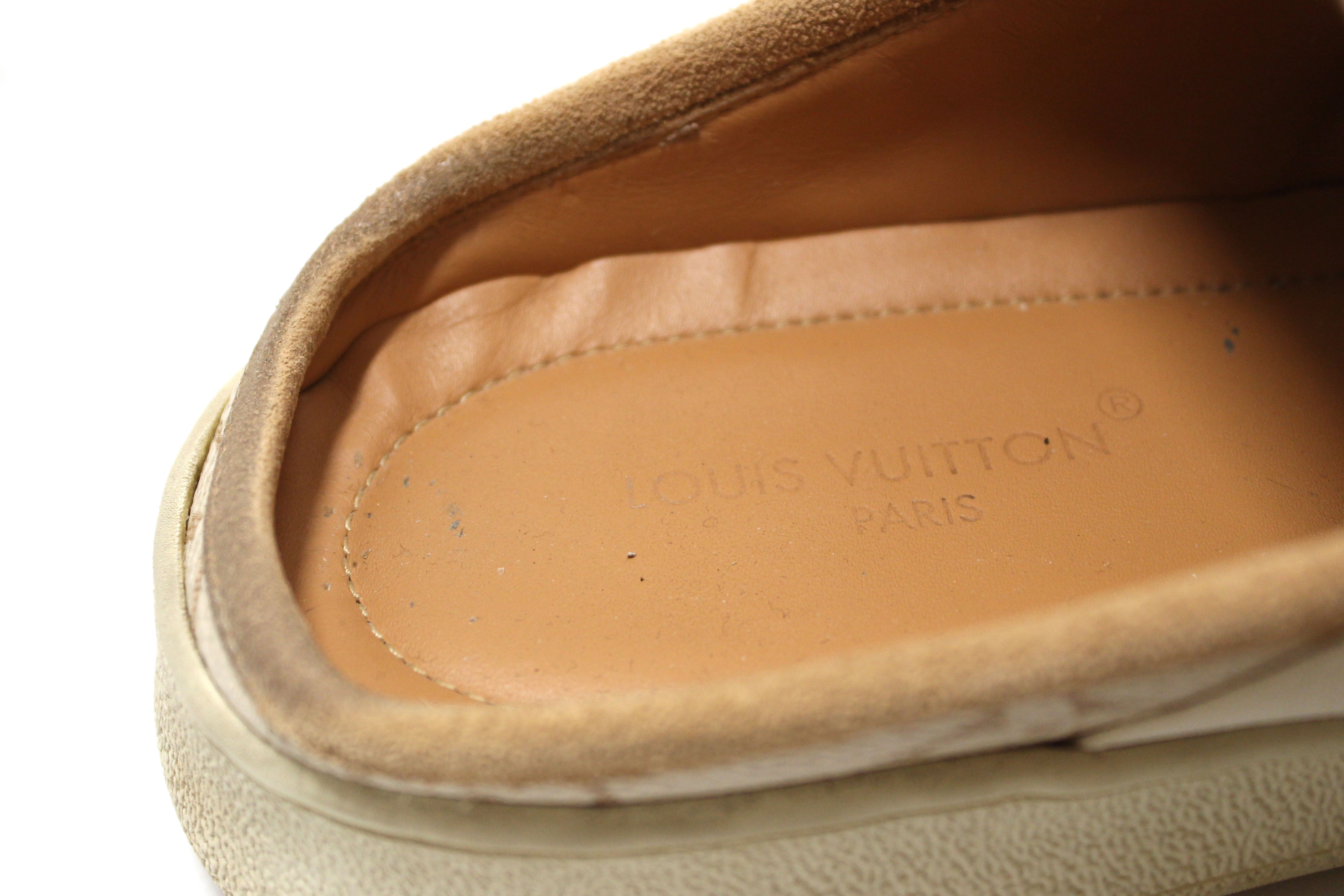 Authentic Louis Vuitton Beige Calfskin and Suede Monogram Open Back Sneakers size 39