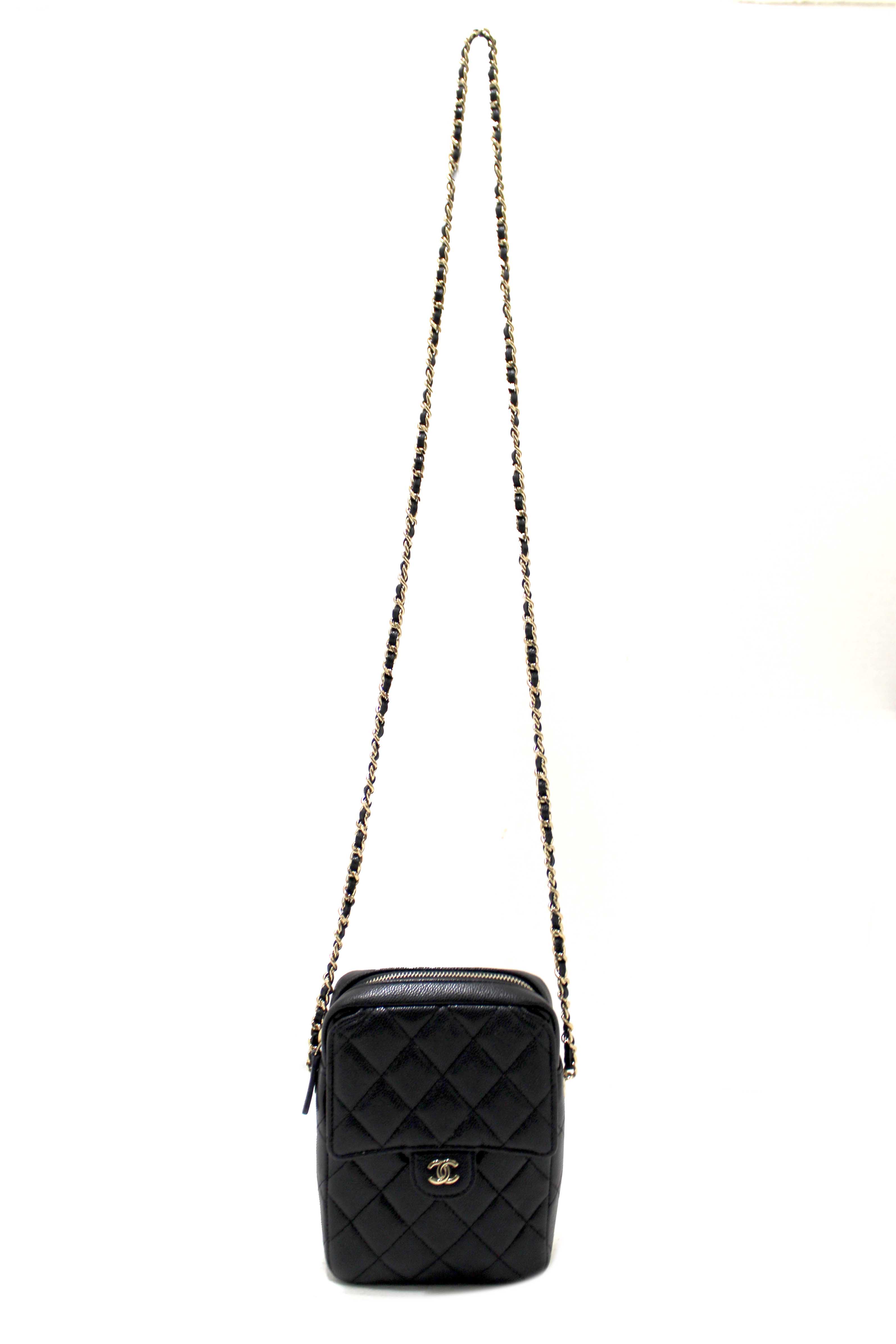 Authentic Chanel Black Caviar Quilted Leather Phone Holder Crossbody Bag