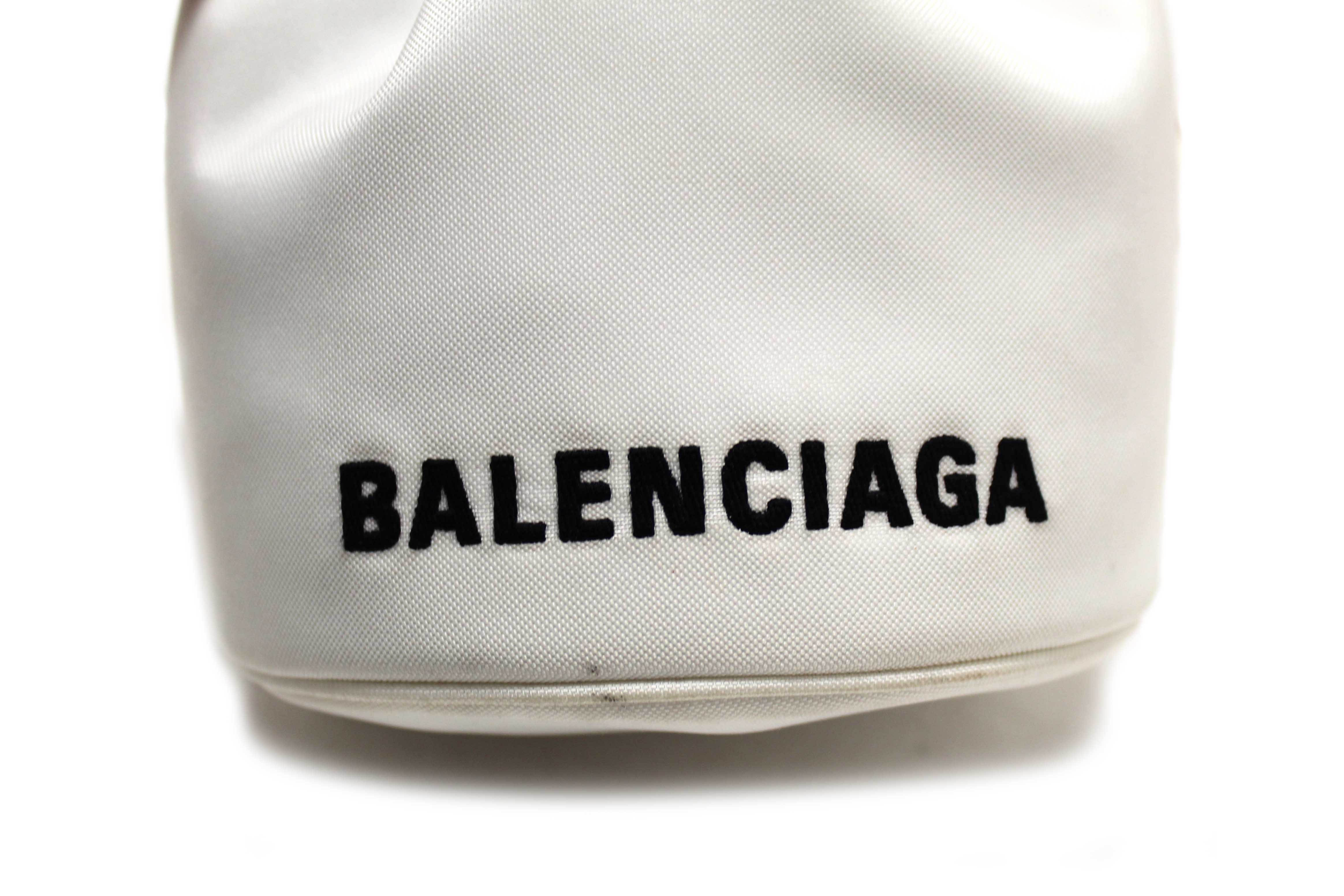 Authentic Balenciaga White Nylon XS Wheel Drawstring Bucket Bag