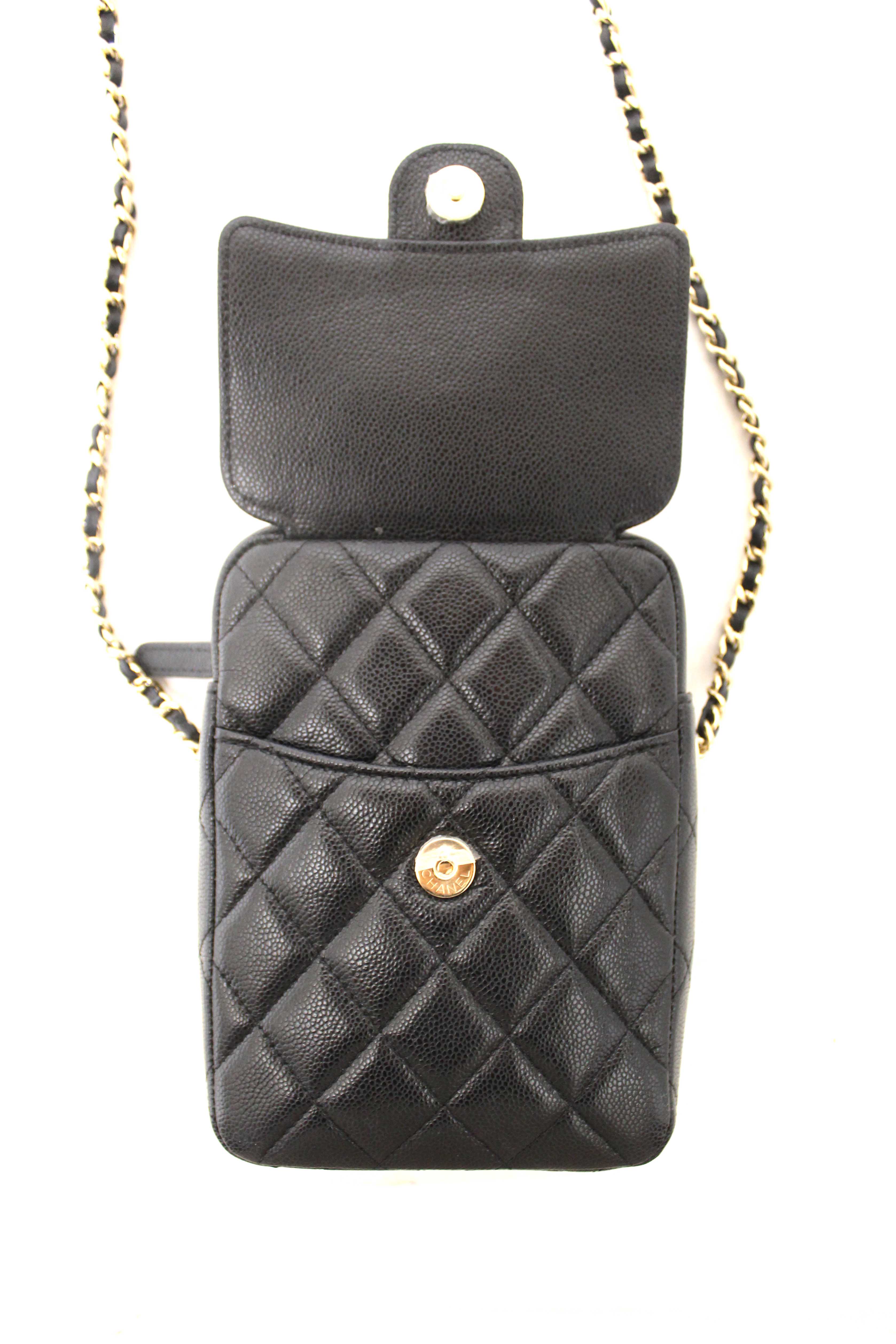 Authentic Chanel Black Caviar Quilted Leather Phone Holder Crossbody Bag