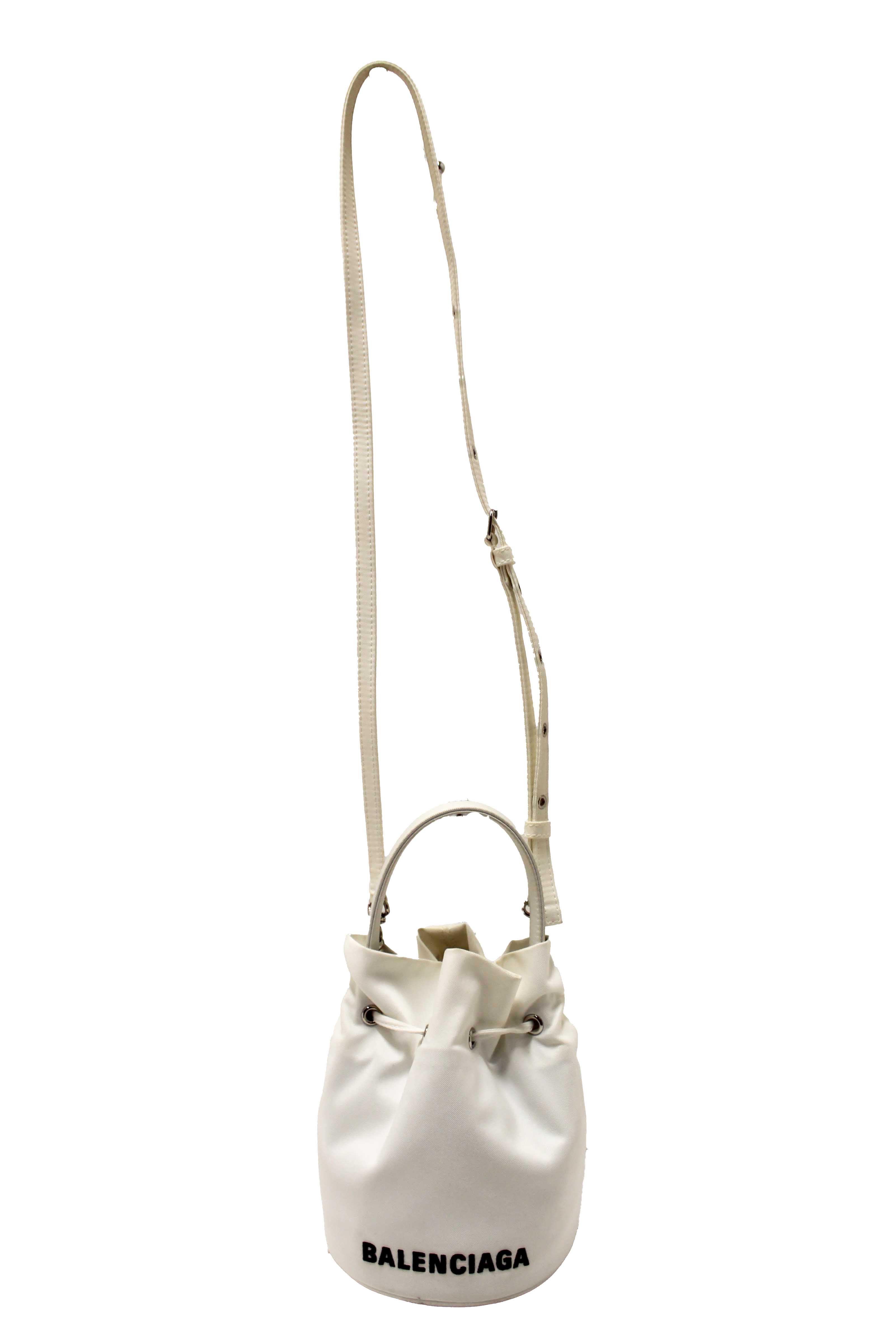 Authentic Balenciaga White Nylon XS Wheel Drawstring Bucket Bag