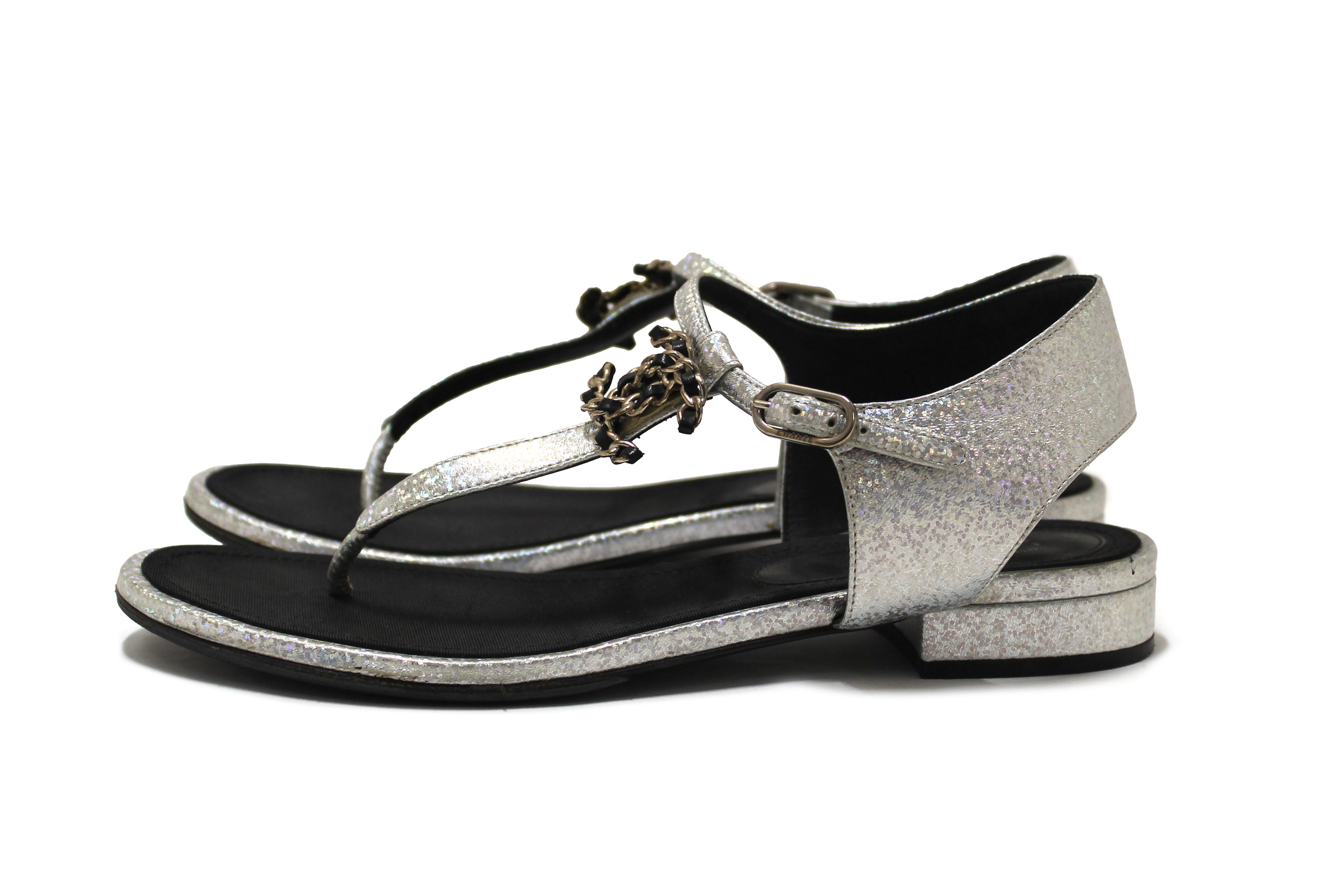 Authentic Chanel Silver Glitter Leather CC Thong Sandals Size 38