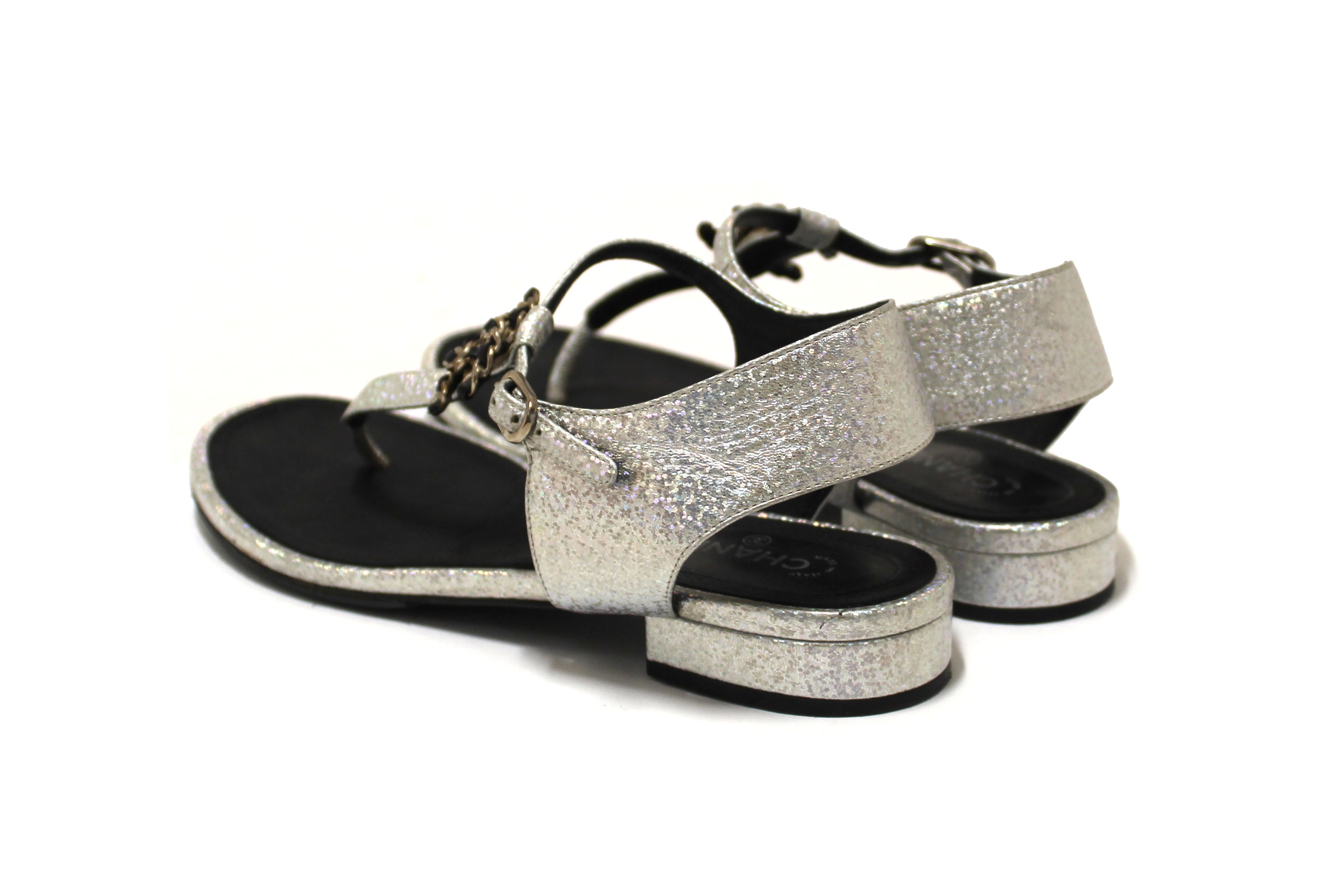 Authentic Chanel Silver Glitter Leather CC Thong Sandals Size 38