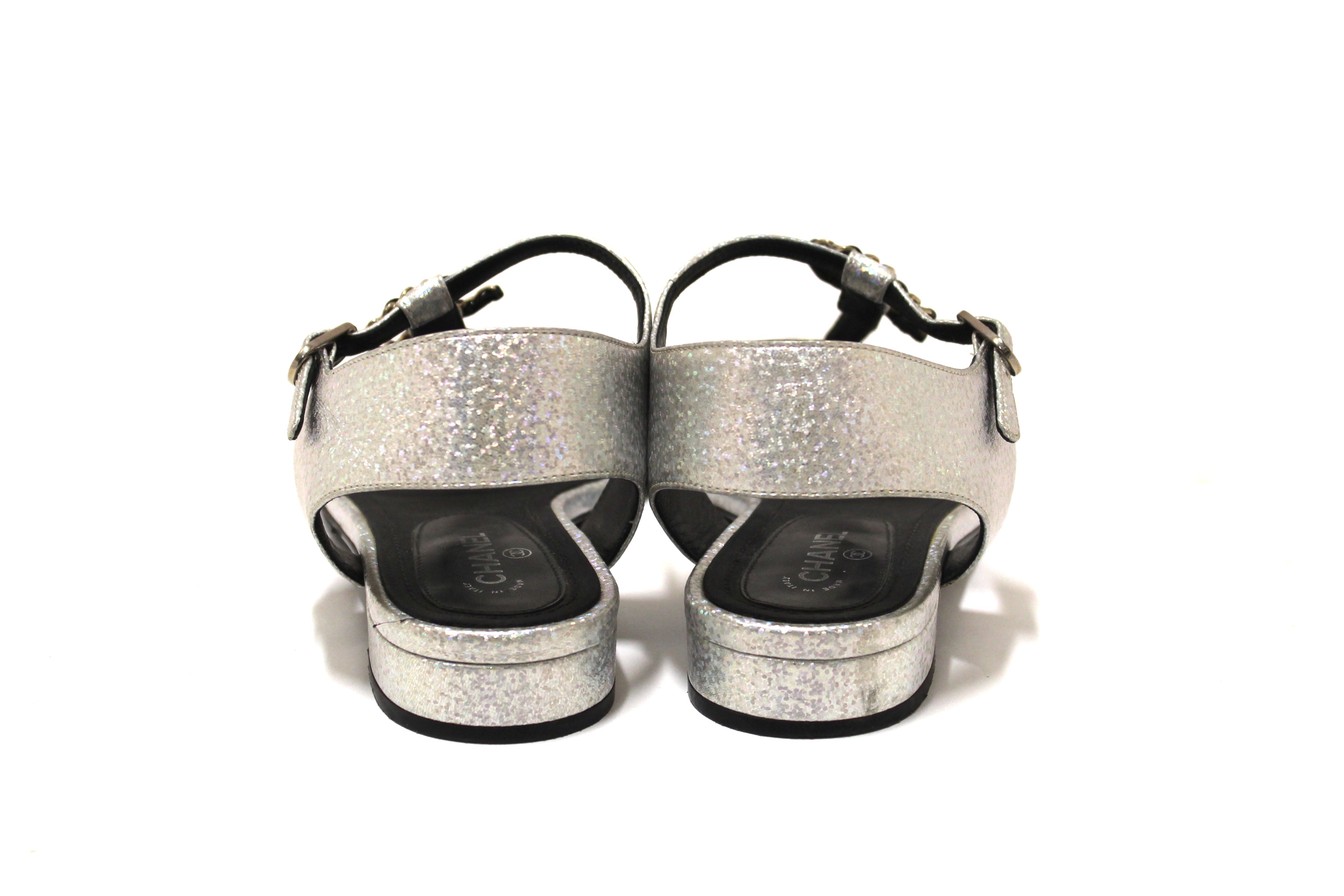 Authentic Chanel Silver Glitter Leather CC Thong Sandals Size 38
