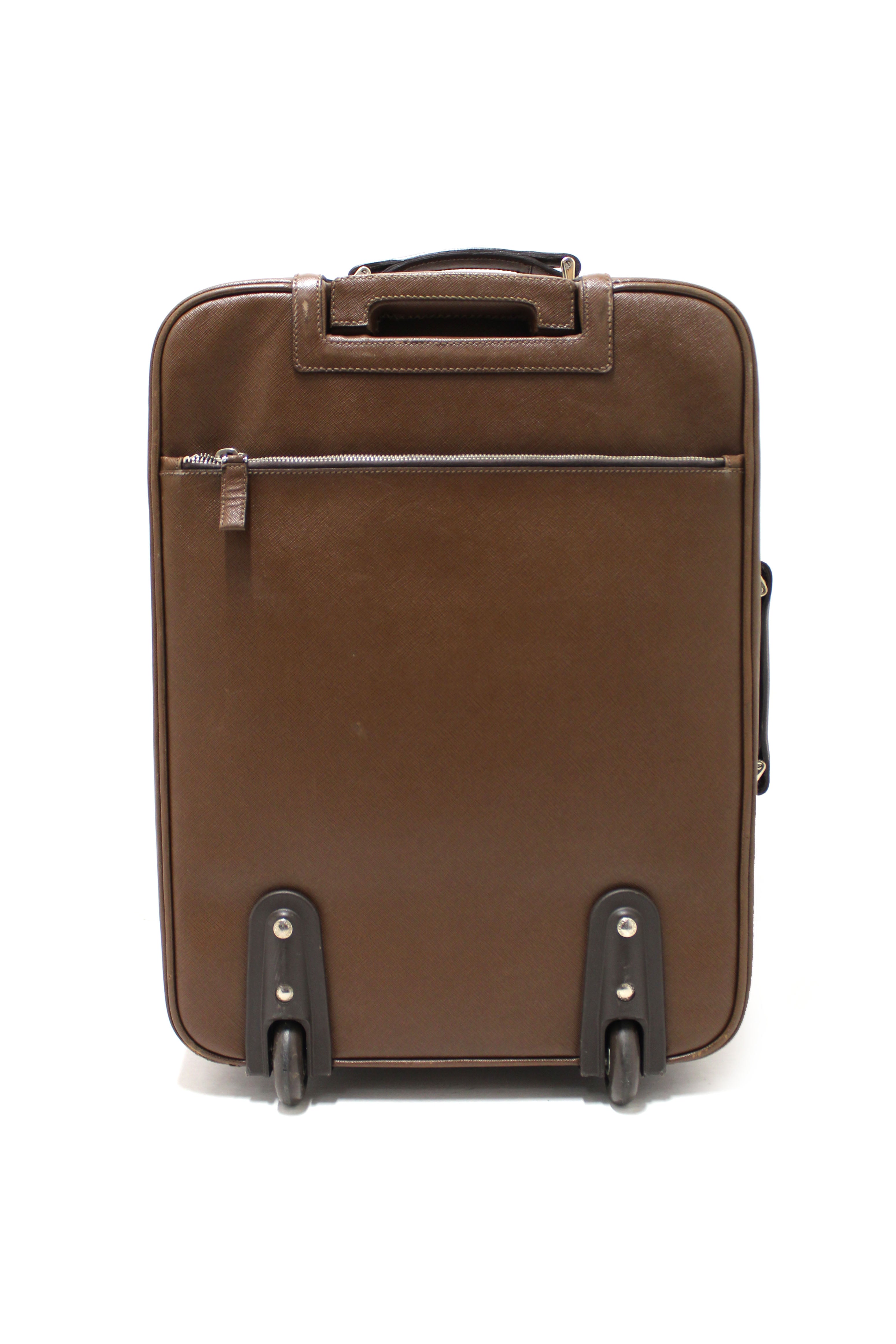 Authentic Prada Brown Saffiano Leather Travel Trolley Rolling Luggage