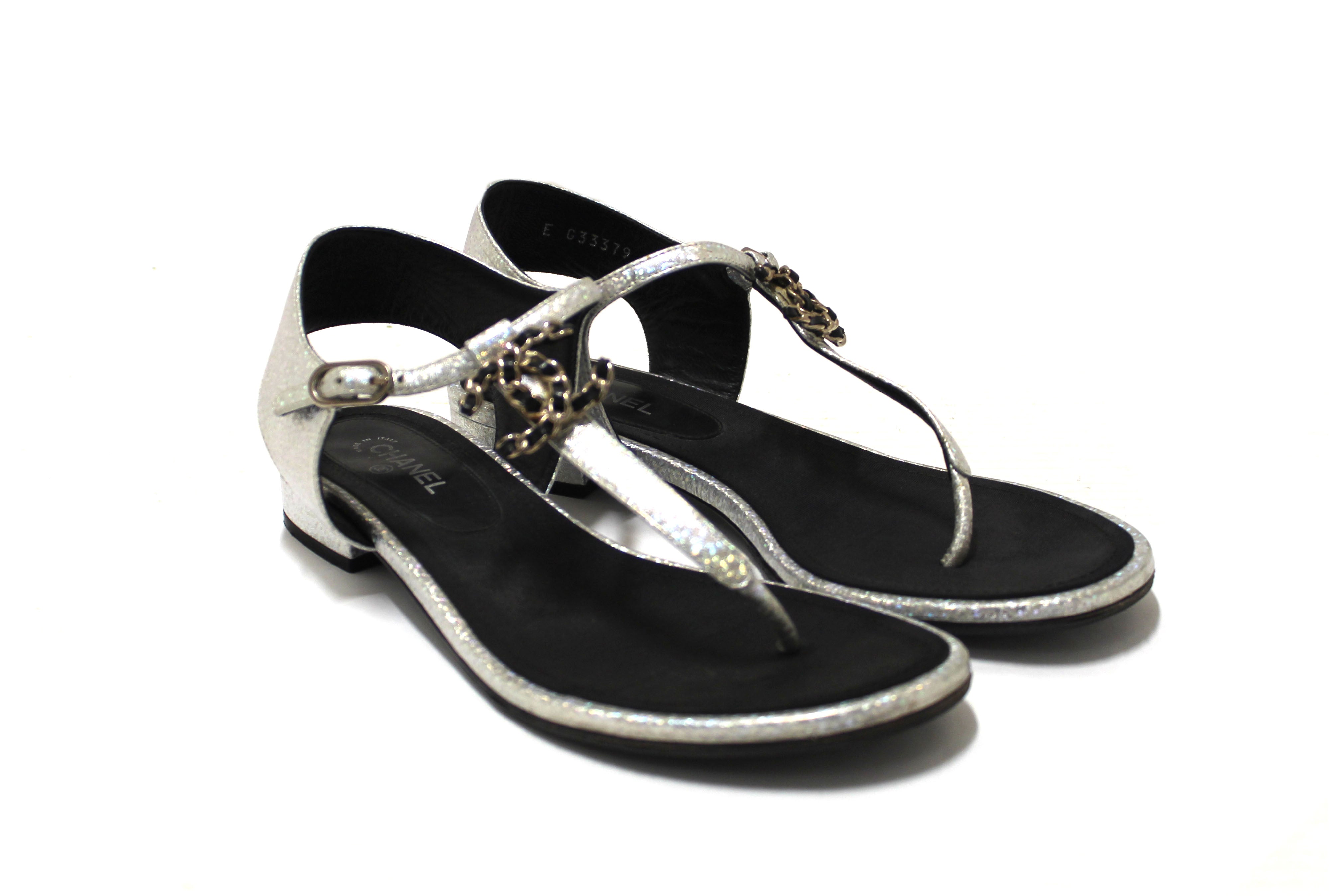 Authentic Chanel Silver Glitter Leather CC Thong Sandals Size 38