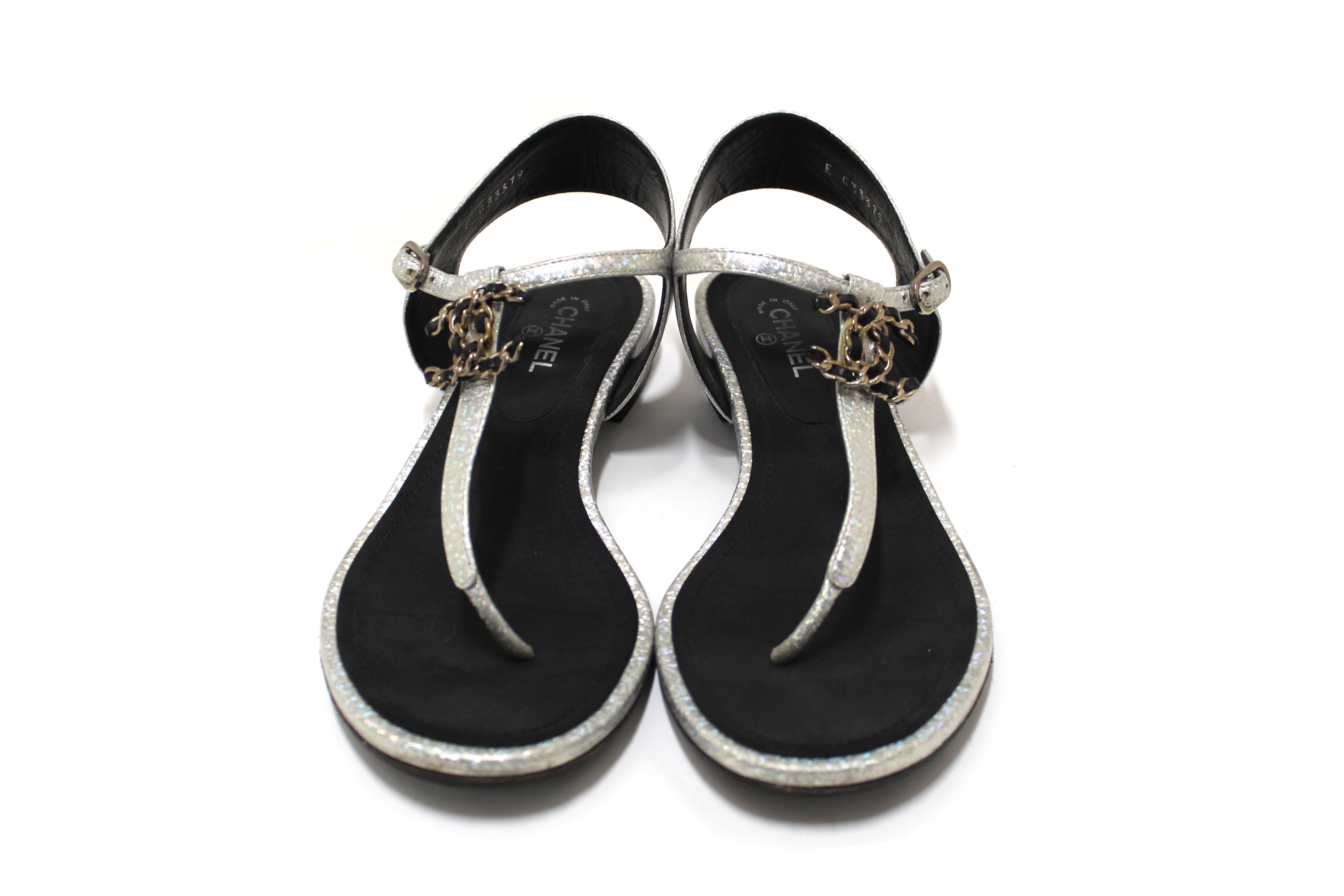 Authentic Chanel Silver Glitter Leather CC Thong Sandals Size 38