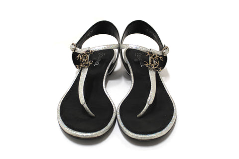 Authentic Chanel Silver Glitter Leather CC Thong Sandals Size 38