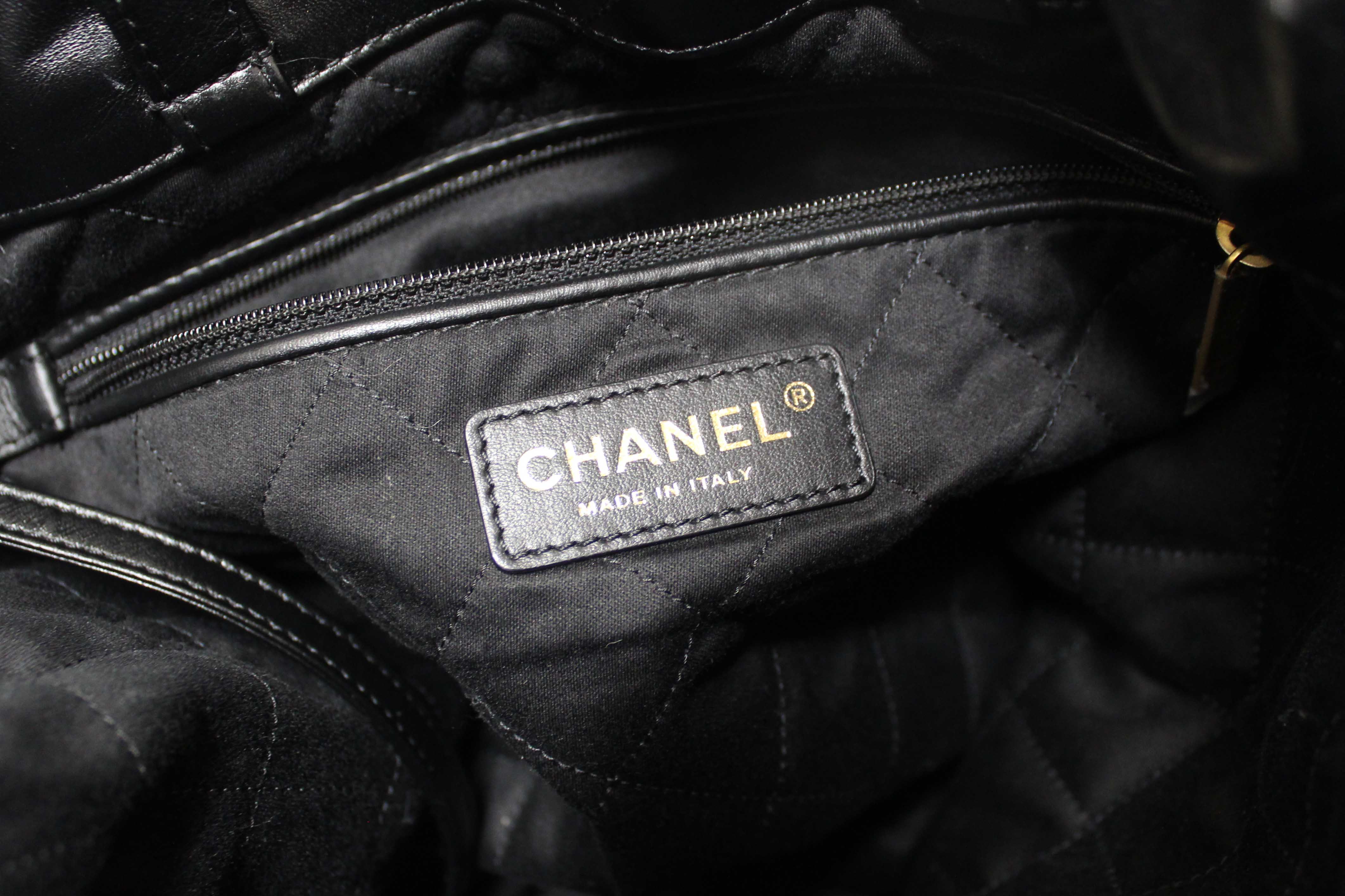Authentic Chanel Black Chanel 22 Calfskin Leather Drawstring Chain Backpack