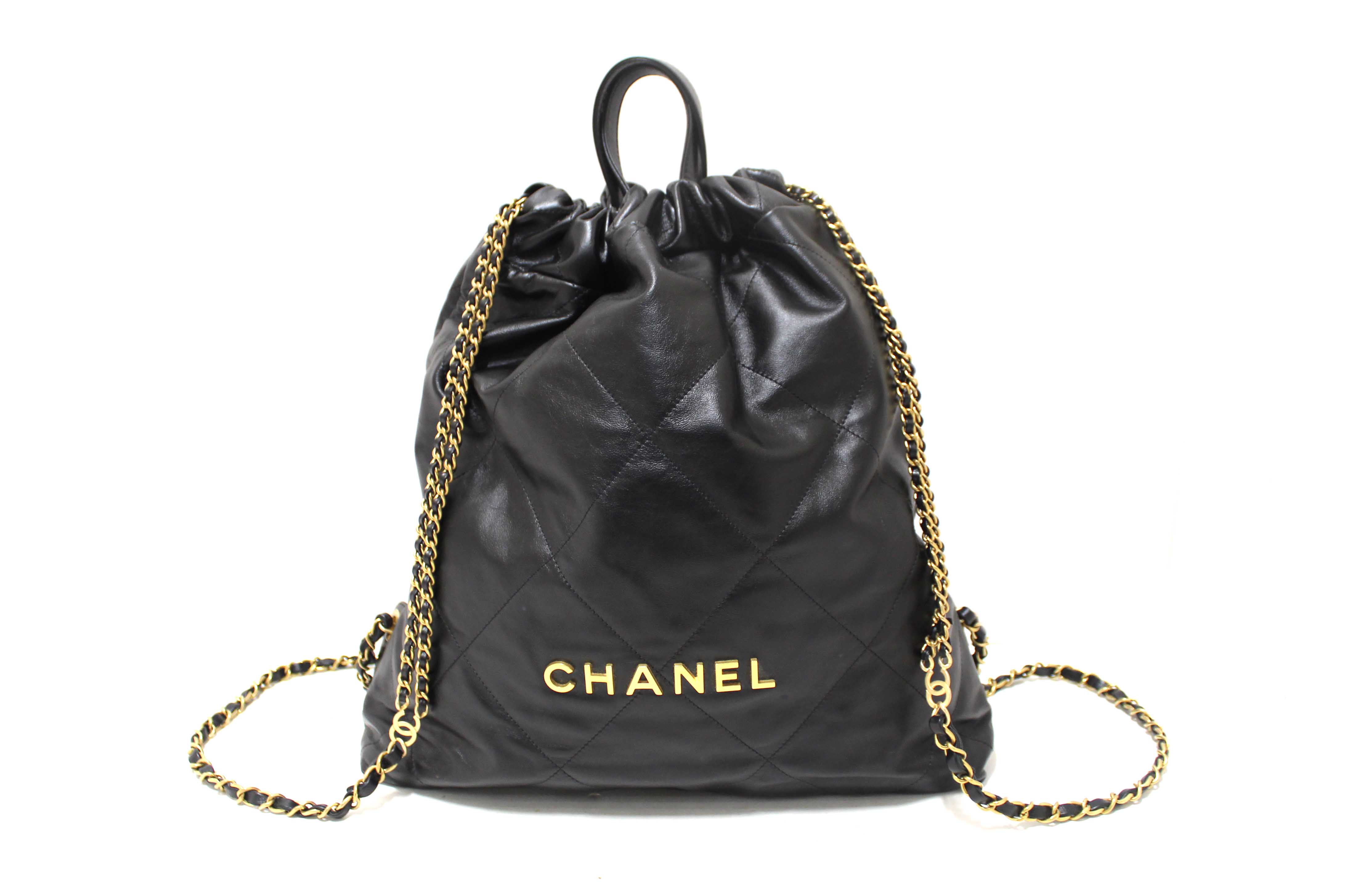 Authentic Chanel Black Chanel 22 Calfskin Leather Drawstring Chain Bac – Paris Station Shop