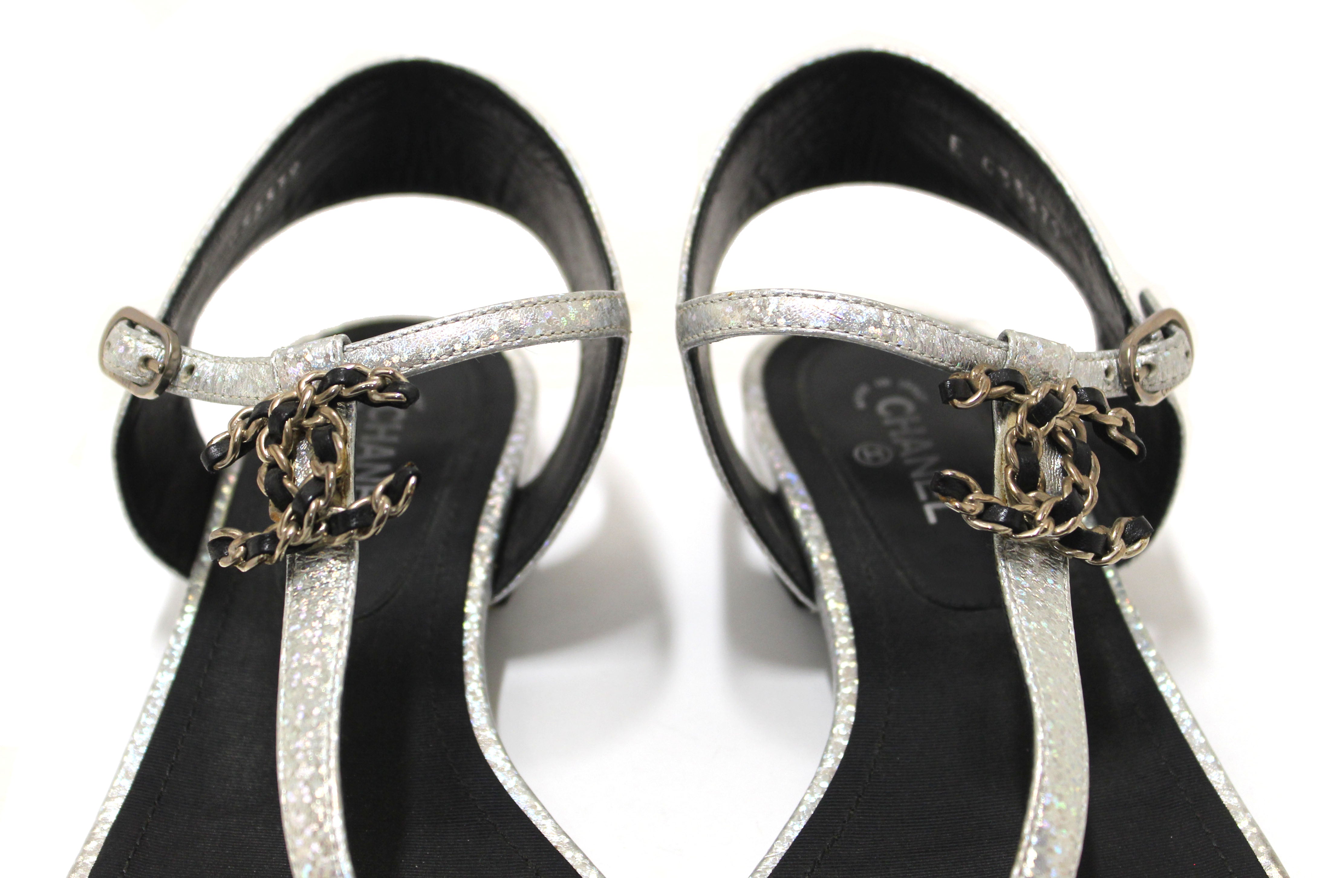 Authentic Chanel Silver Glitter Leather CC Thong Sandals Size 38