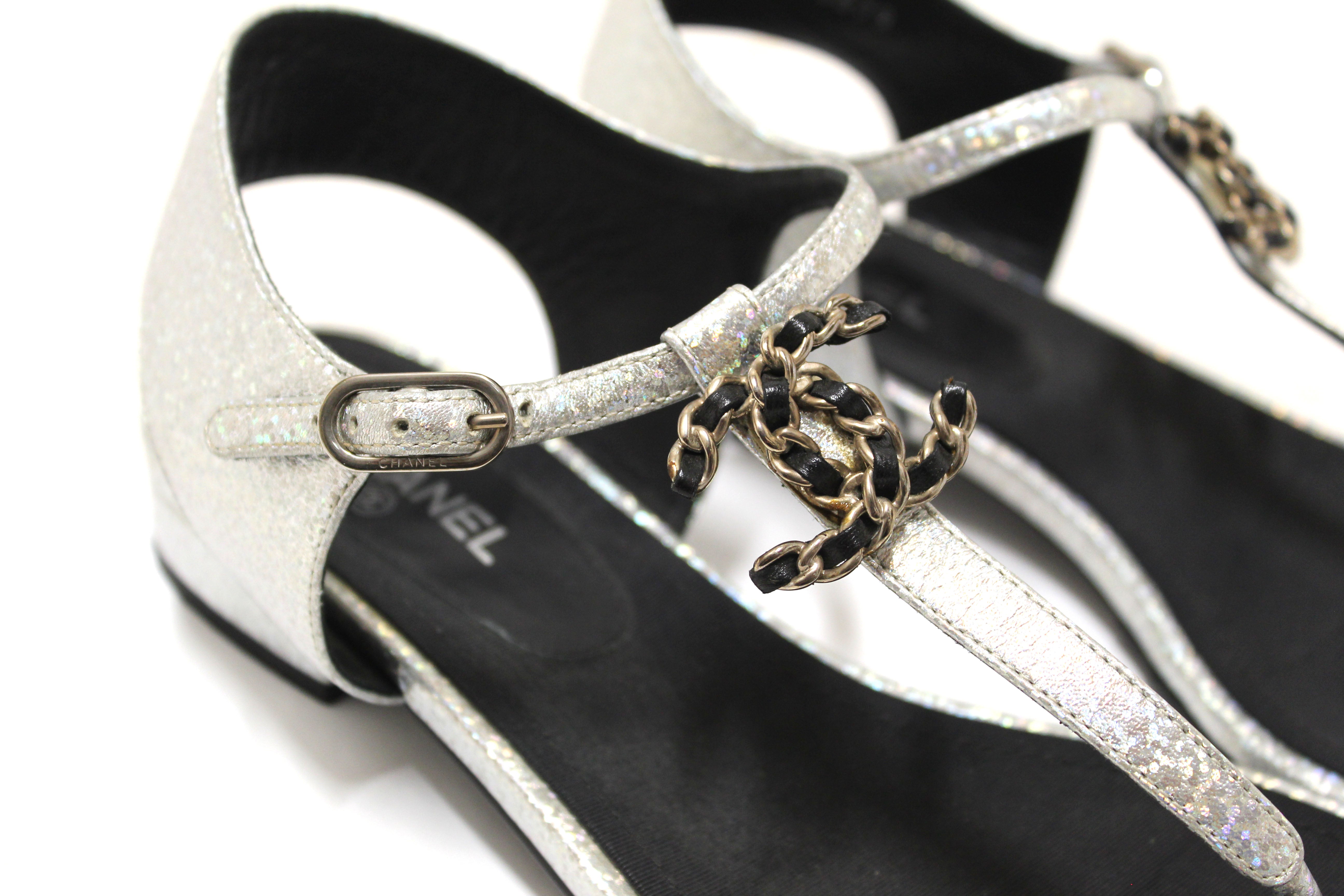 Authentic Chanel Silver Glitter Leather CC Thong Sandals Size 38