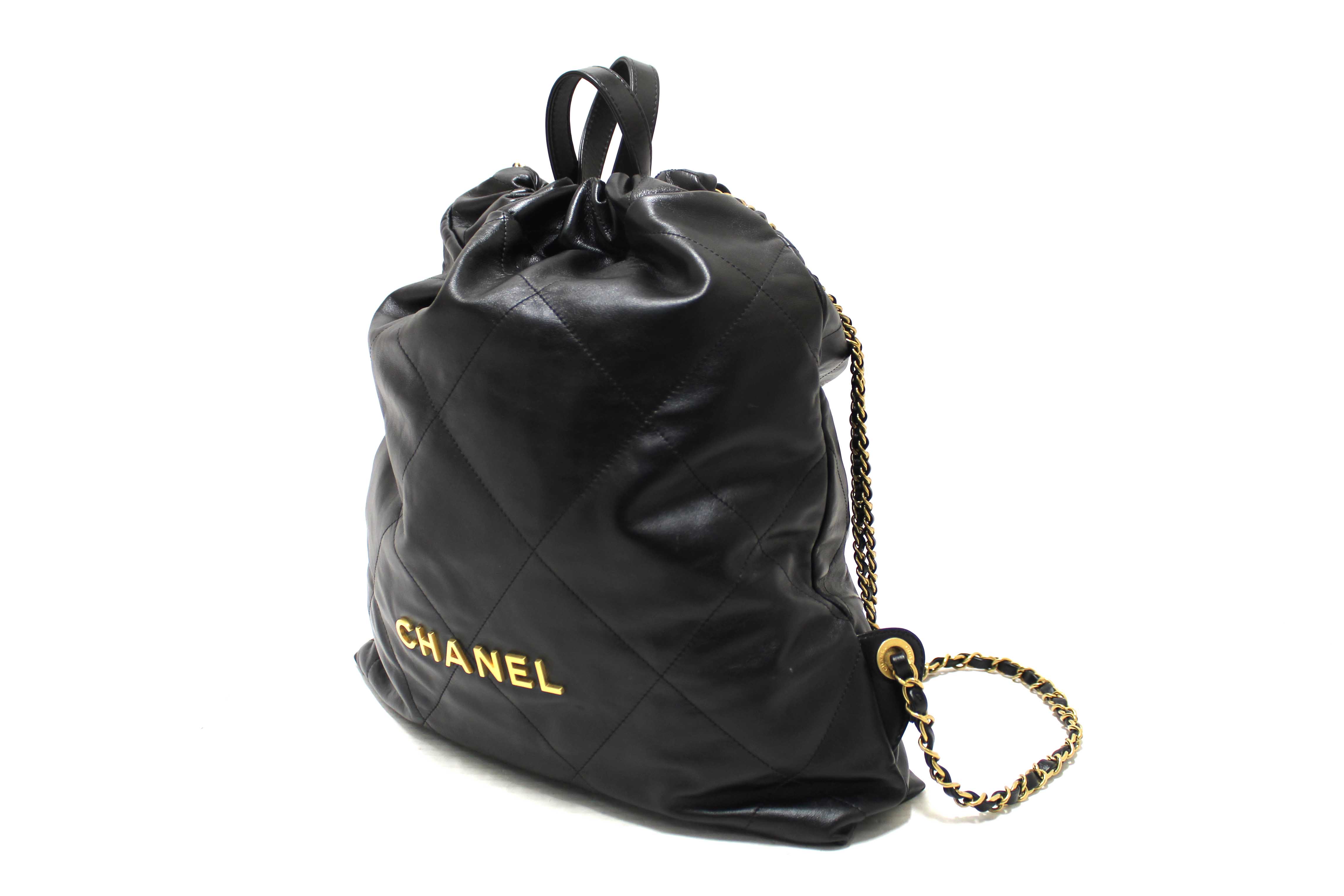 Authentic Chanel Black Chanel 22 Calfskin Leather Drawstring Chain Backpack
