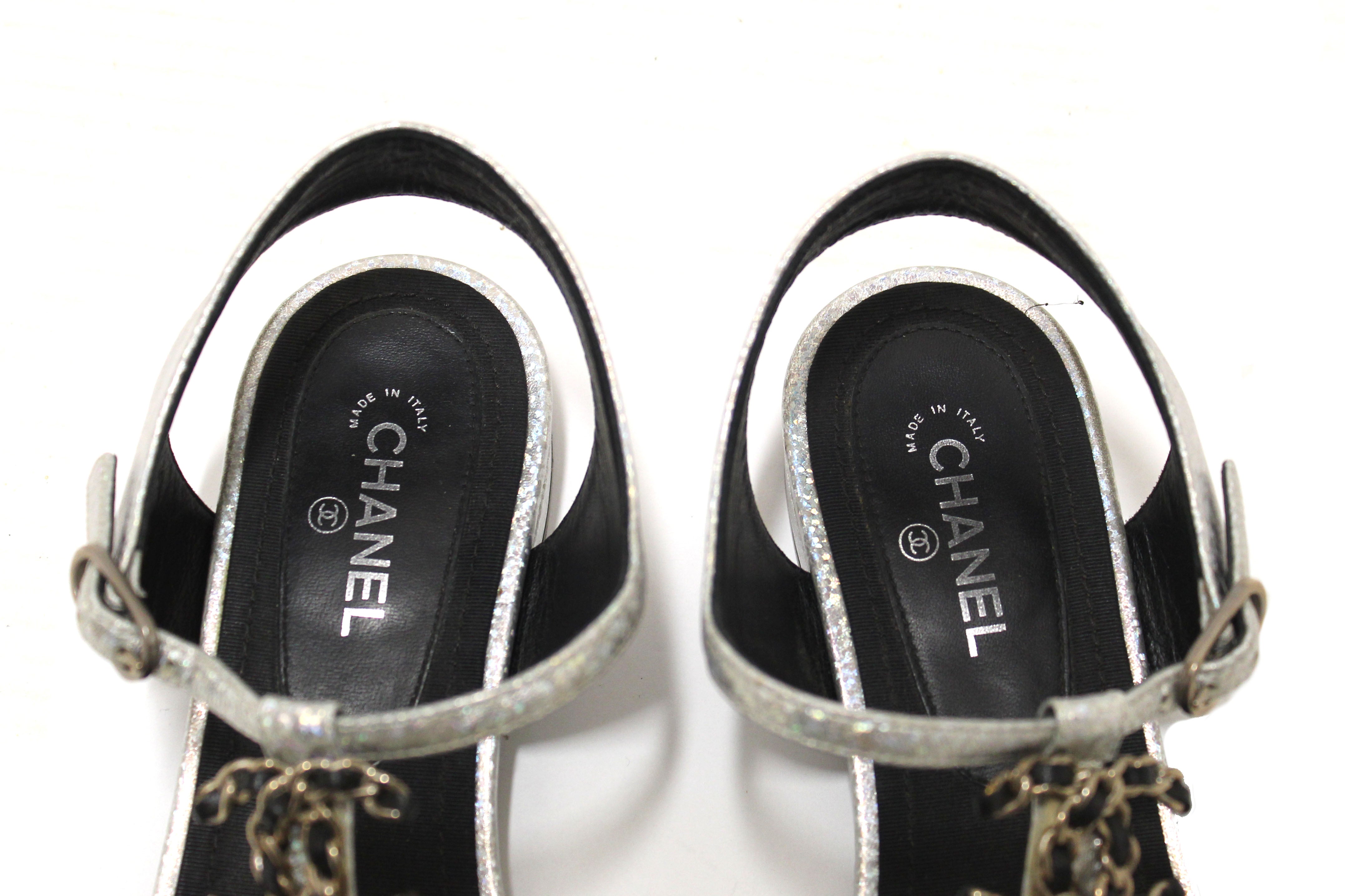 Authentic Chanel Silver Glitter Leather CC Thong Sandals Size 38