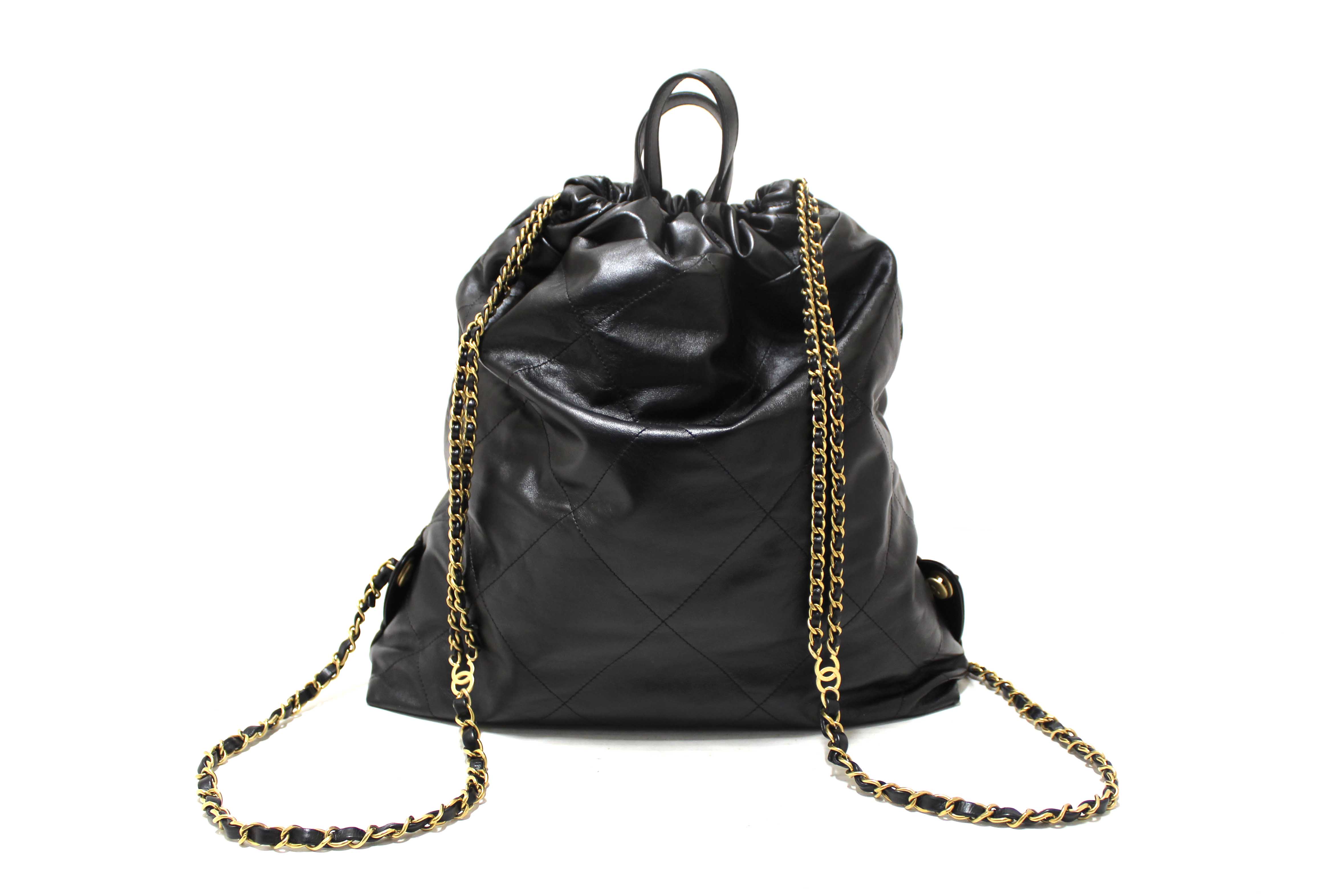 Authentic Chanel Black Chanel 22 Calfskin Leather Drawstring Chain Backpack