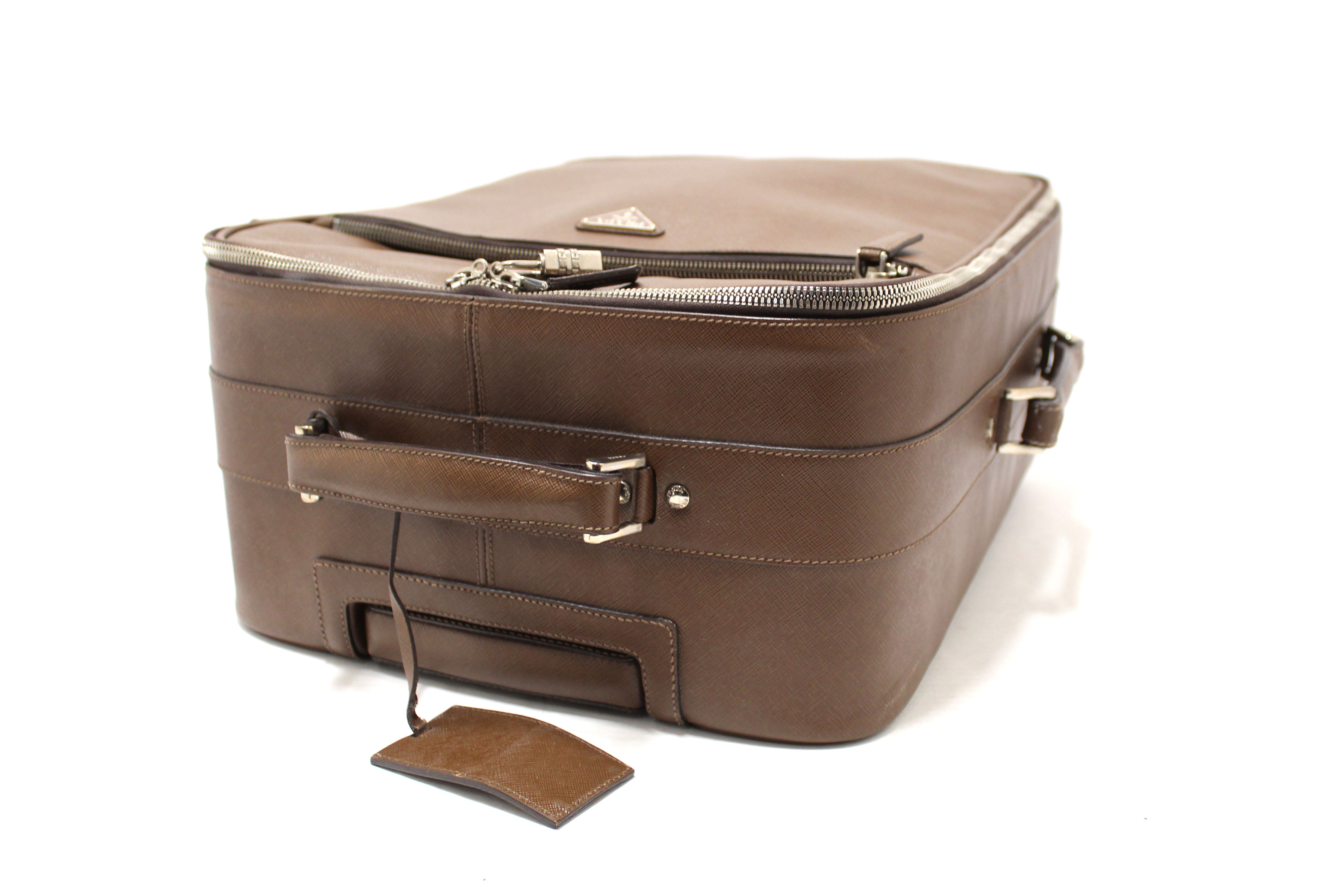 Authentic Prada Brown Saffiano Leather Travel Trolley Rolling Luggage